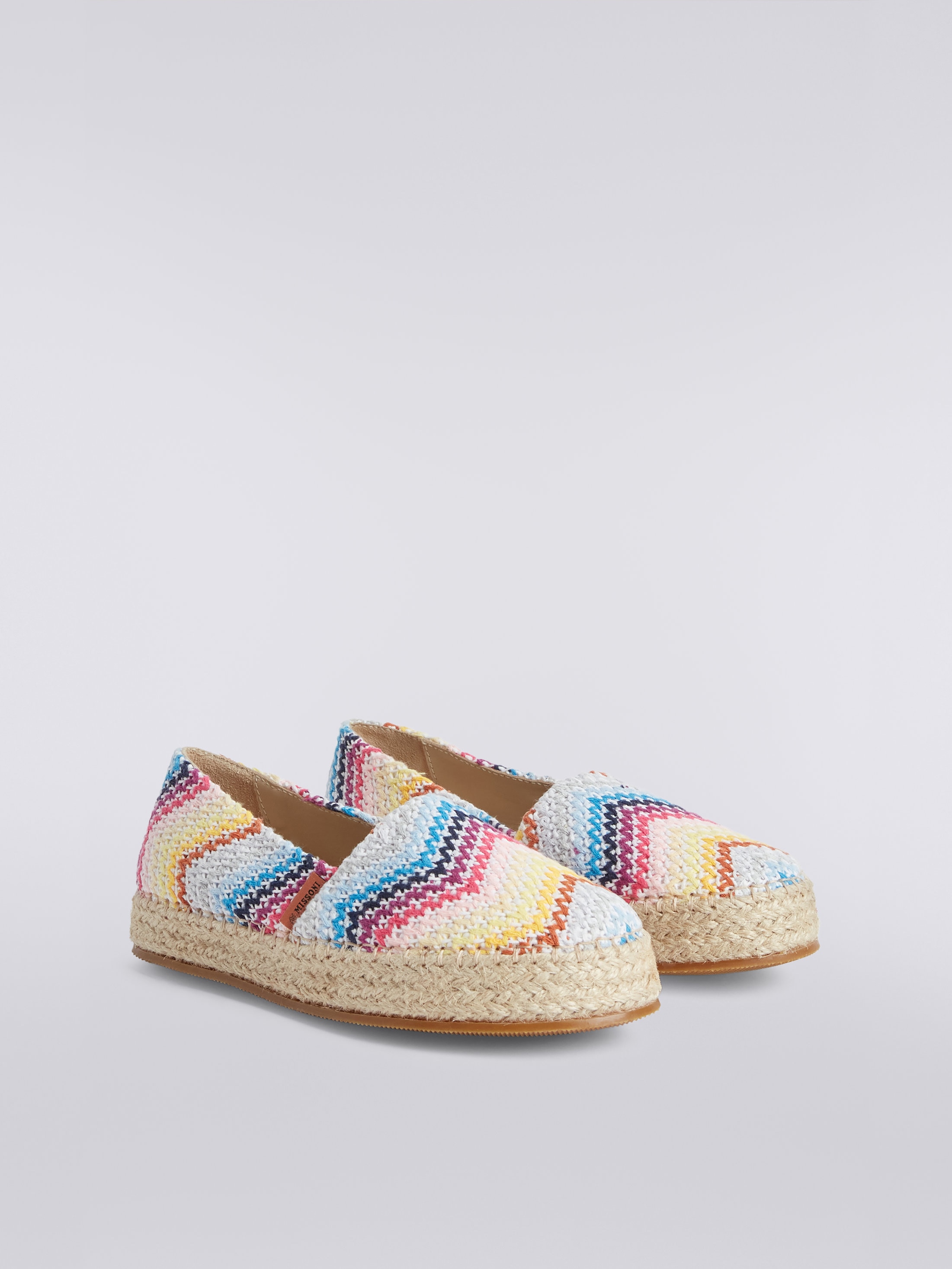 Espadrilles with multicoloured chevron patterned crochet upper