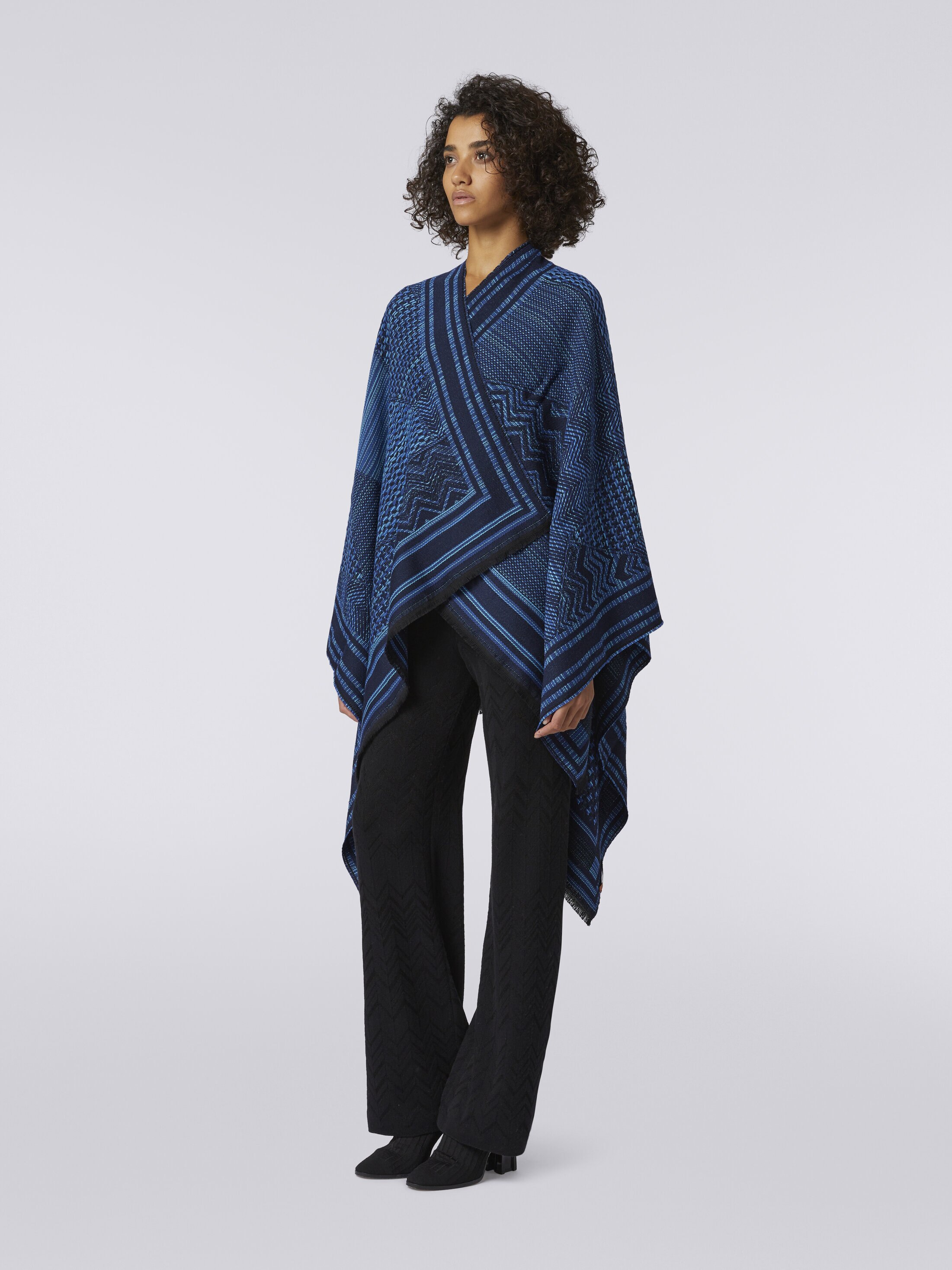 Wool knit cape with multi-worked and frayed edges Multicoloured 
