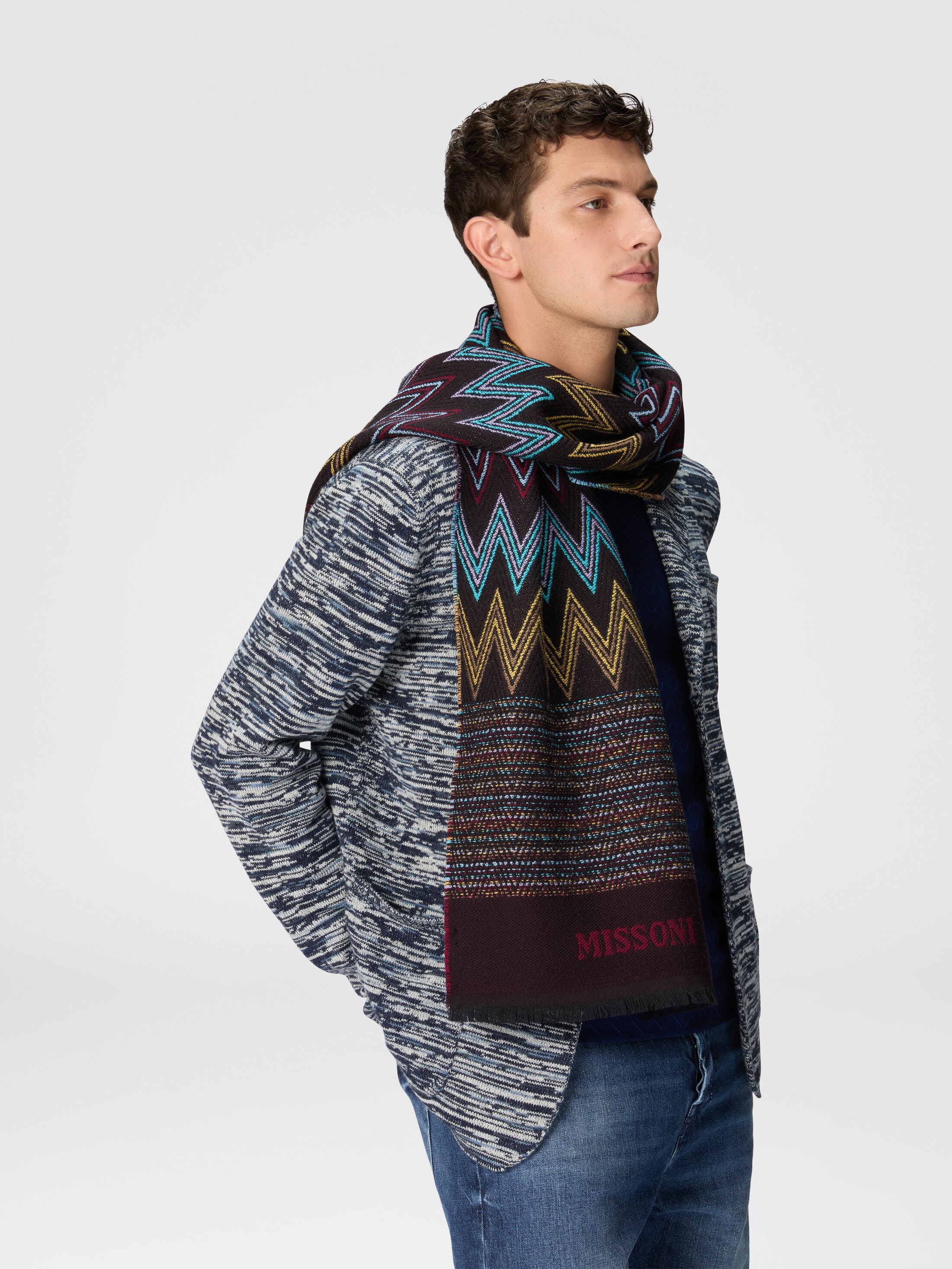 MISSONI ニットストール マルチカラー 波柄 大判 Multi-knit wool shawl with logo