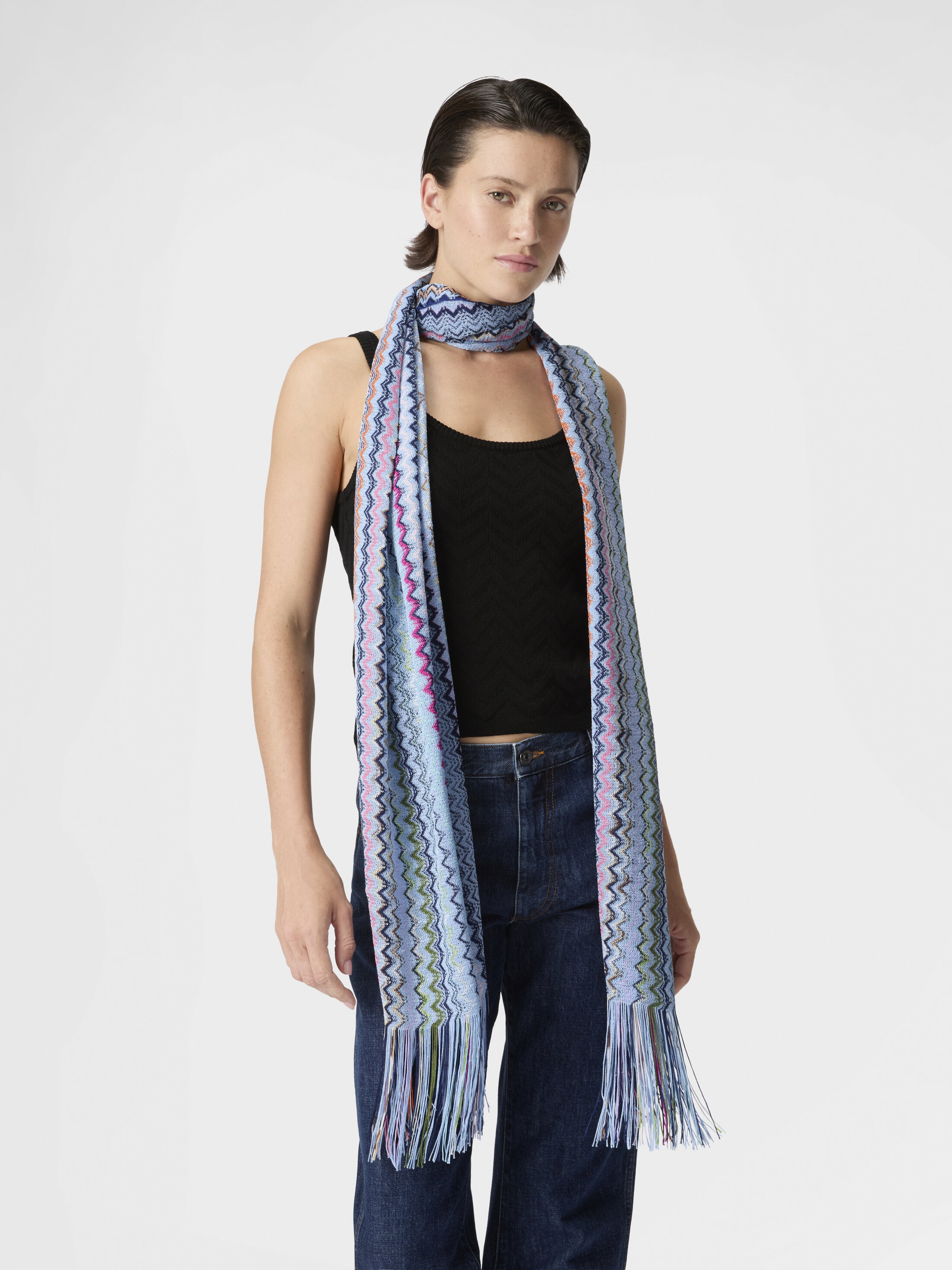Zigzag viscose scarf with fringes, Multicoloured