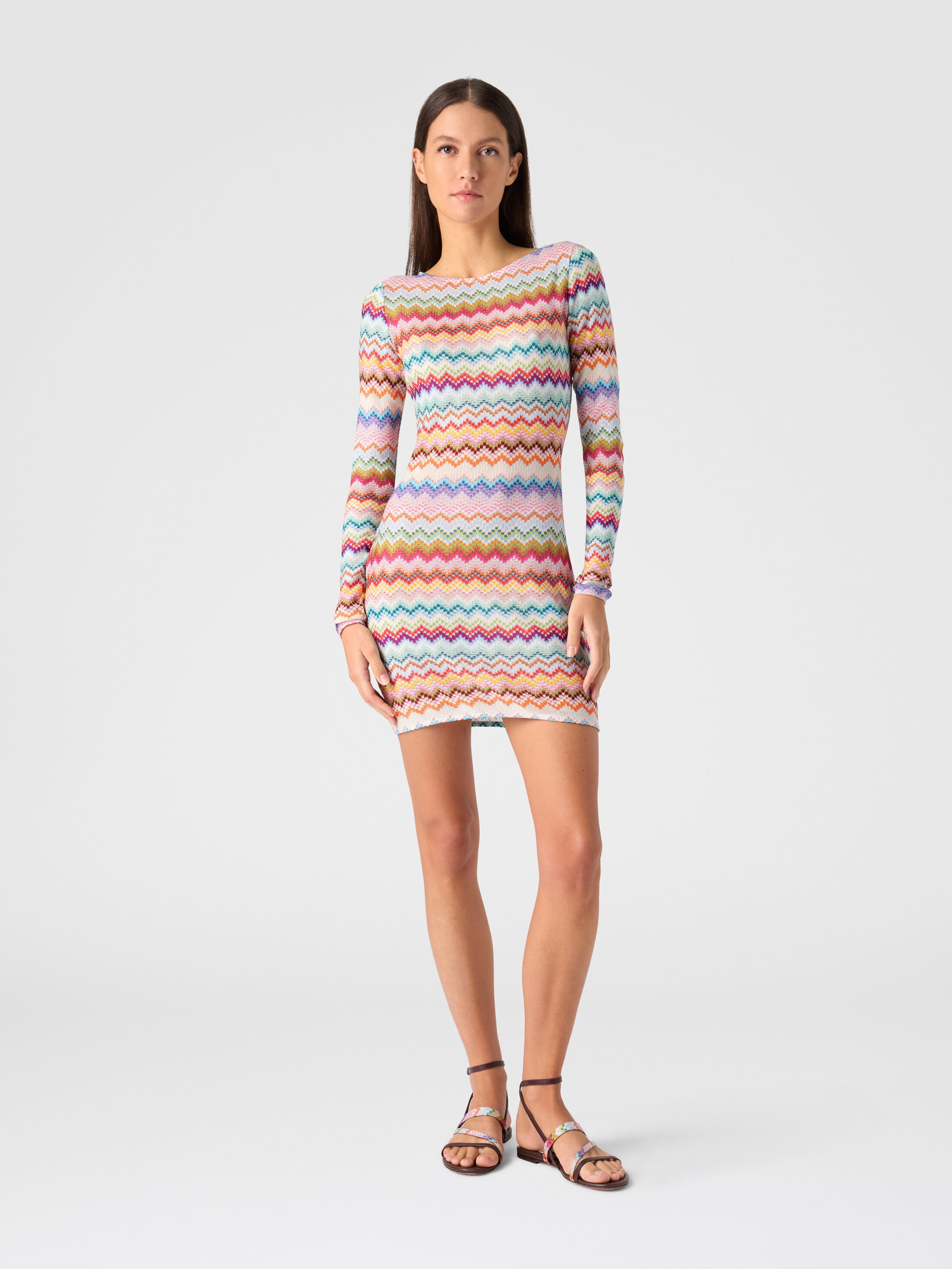 Viscose Lamé Mini Dress with Pixelated Zigzag Motif Multicoloured