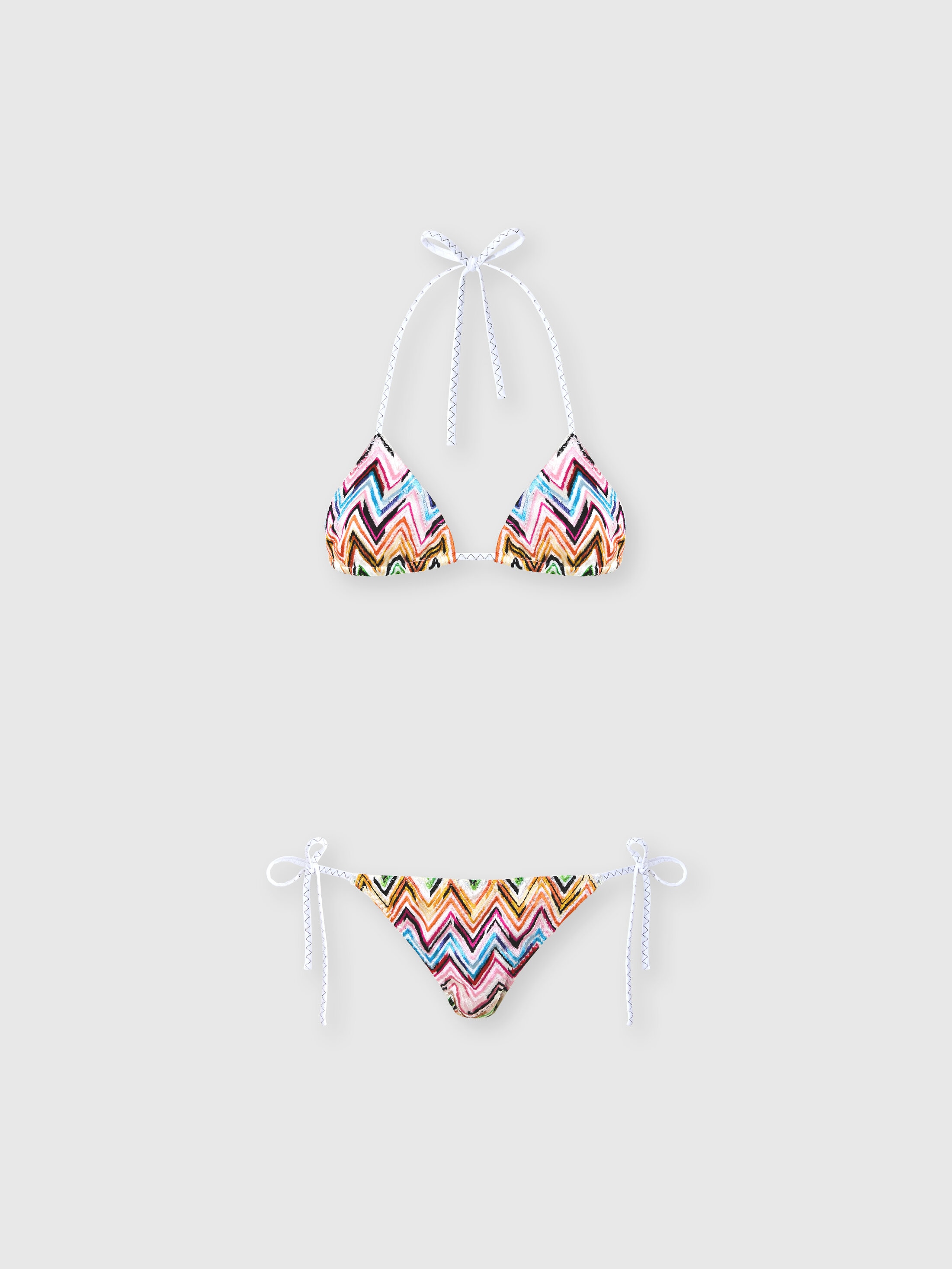 Bikini in stretch viscose with lace zig zag motif Multicoloured