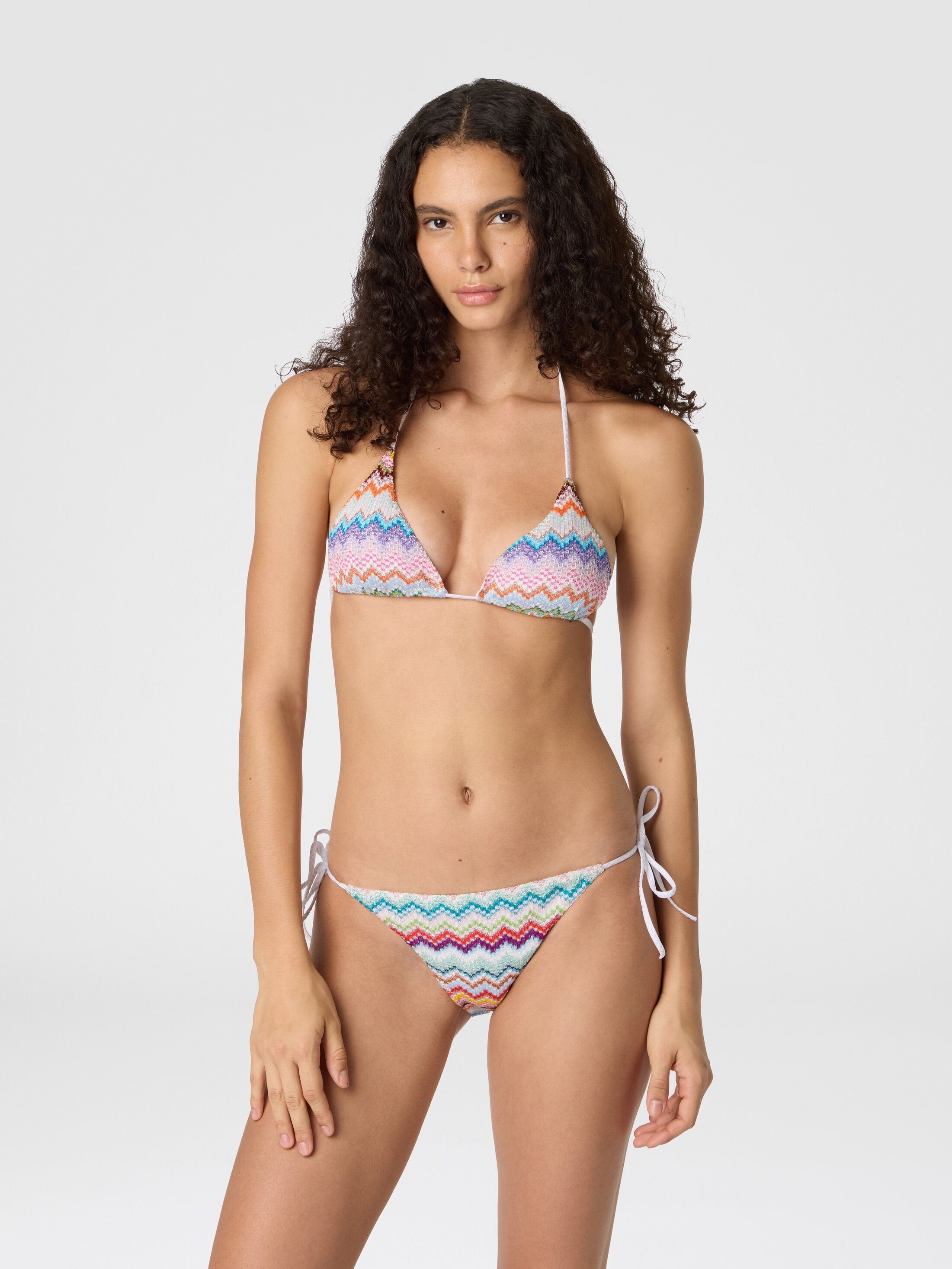 Triangle bikini in lamé viscose with pixel-effect zigzag pattern