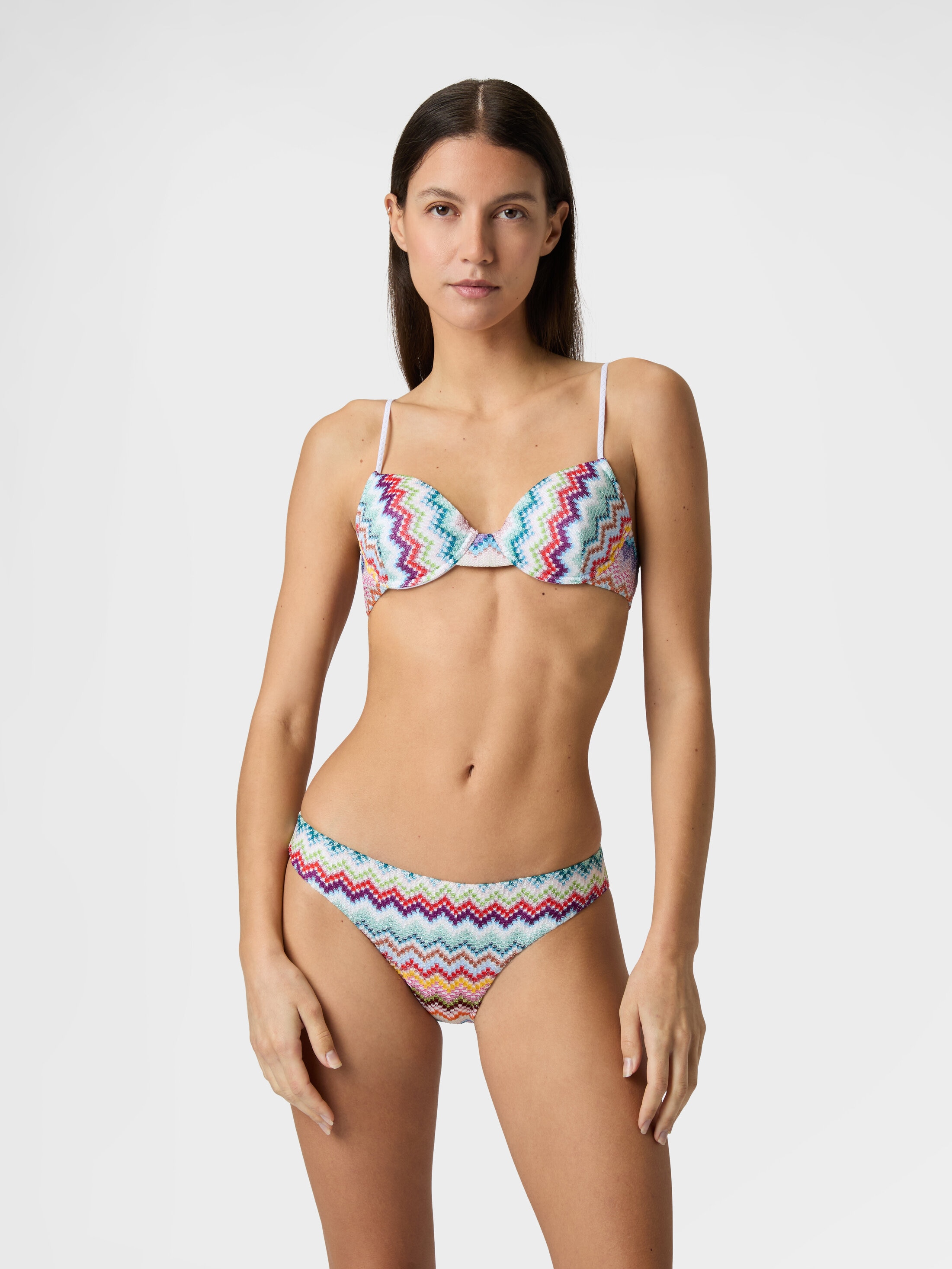 Balcony bikini in lamé viscose with zigzag pixel-effect pattern