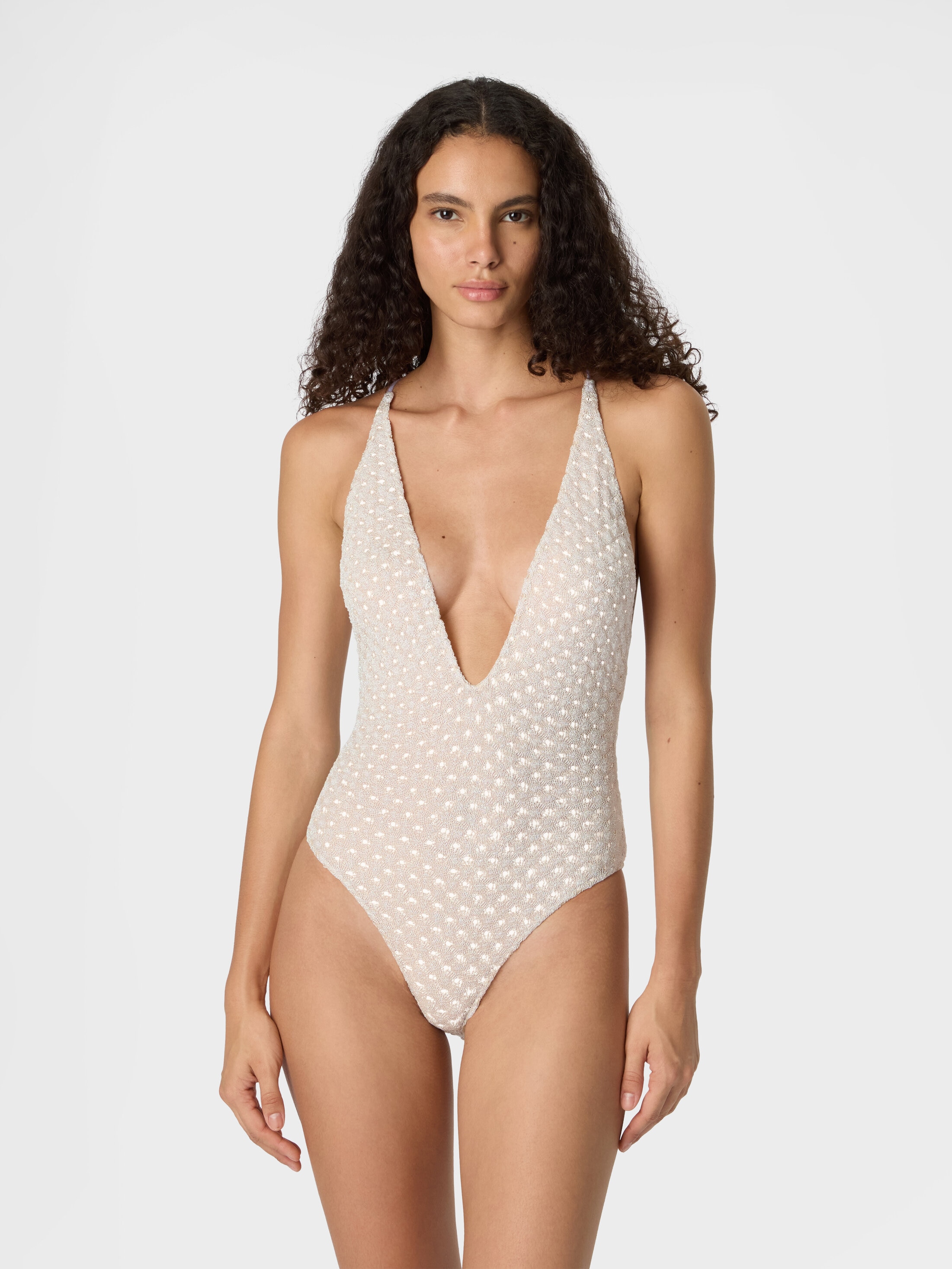 One-piece swimsuit in lamé viscose with raschel workmanship White