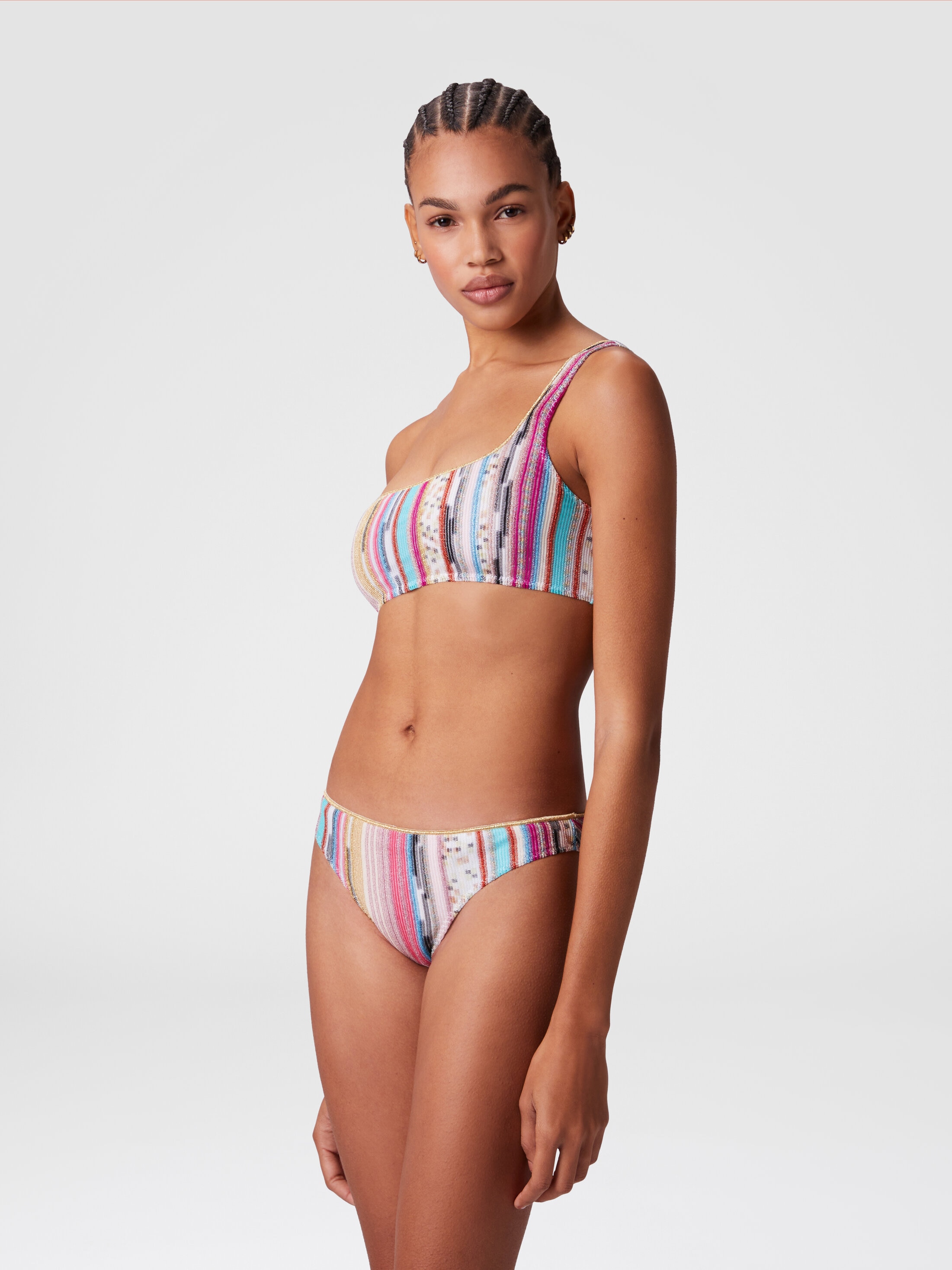 One-shoulder bikini in lamé slub viscose Multicoloured | Missoni