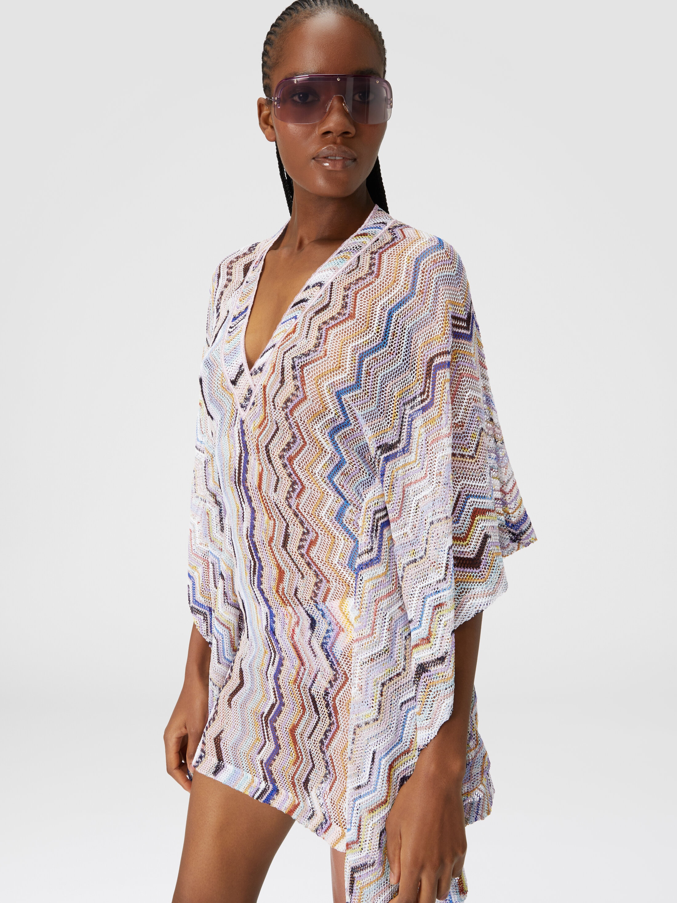 Short cover up kaftan in zigzag crochet with lurex Multicoloured 