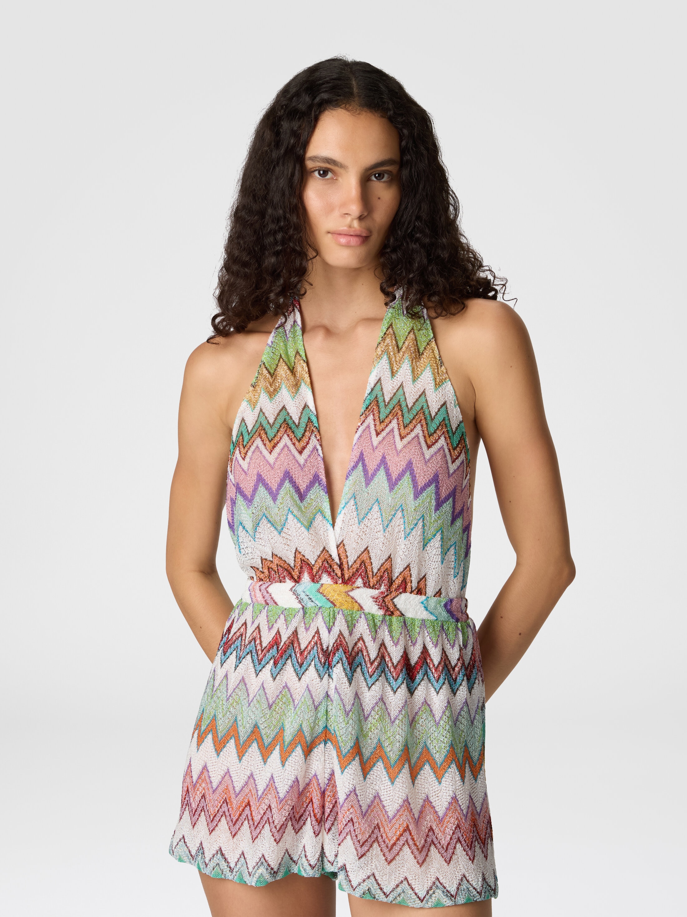 ミッソーニ　半袖ニット Short jumpsuit in lamé viscose with macro zigzag pattern White