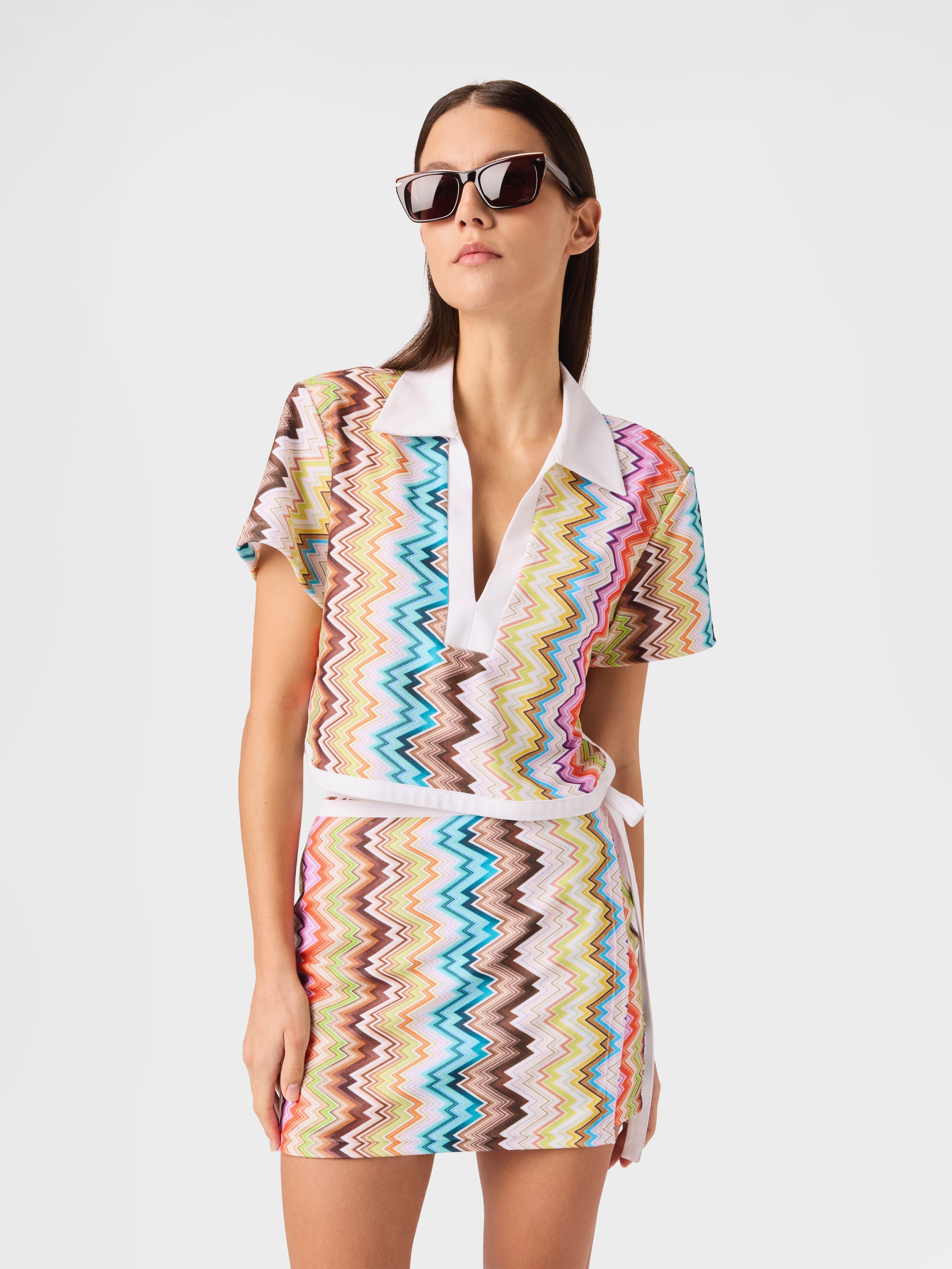 Cropped polo in printed zig zag terry Multicoloured | Missoni