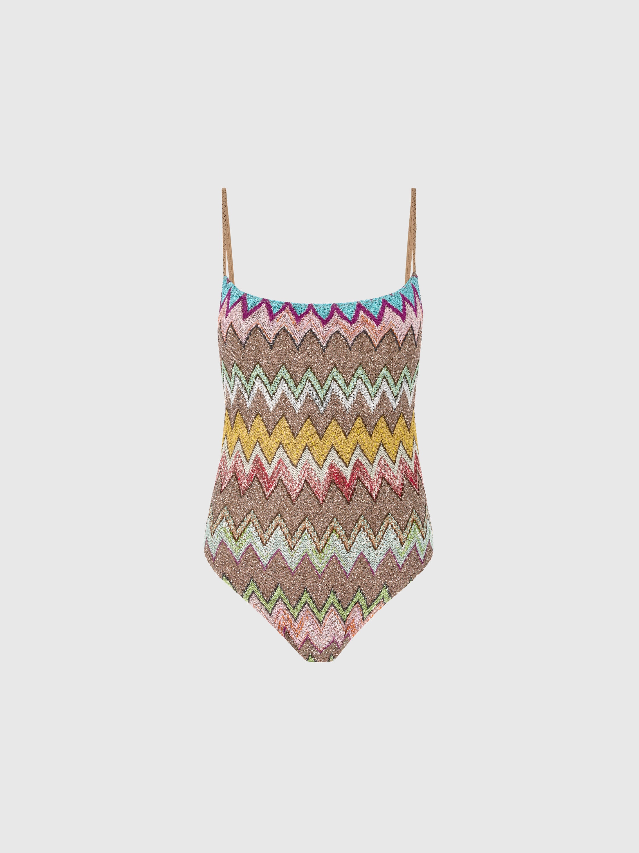 One-piece swimsuit in lamé viscose with macro zigzag pattern Black