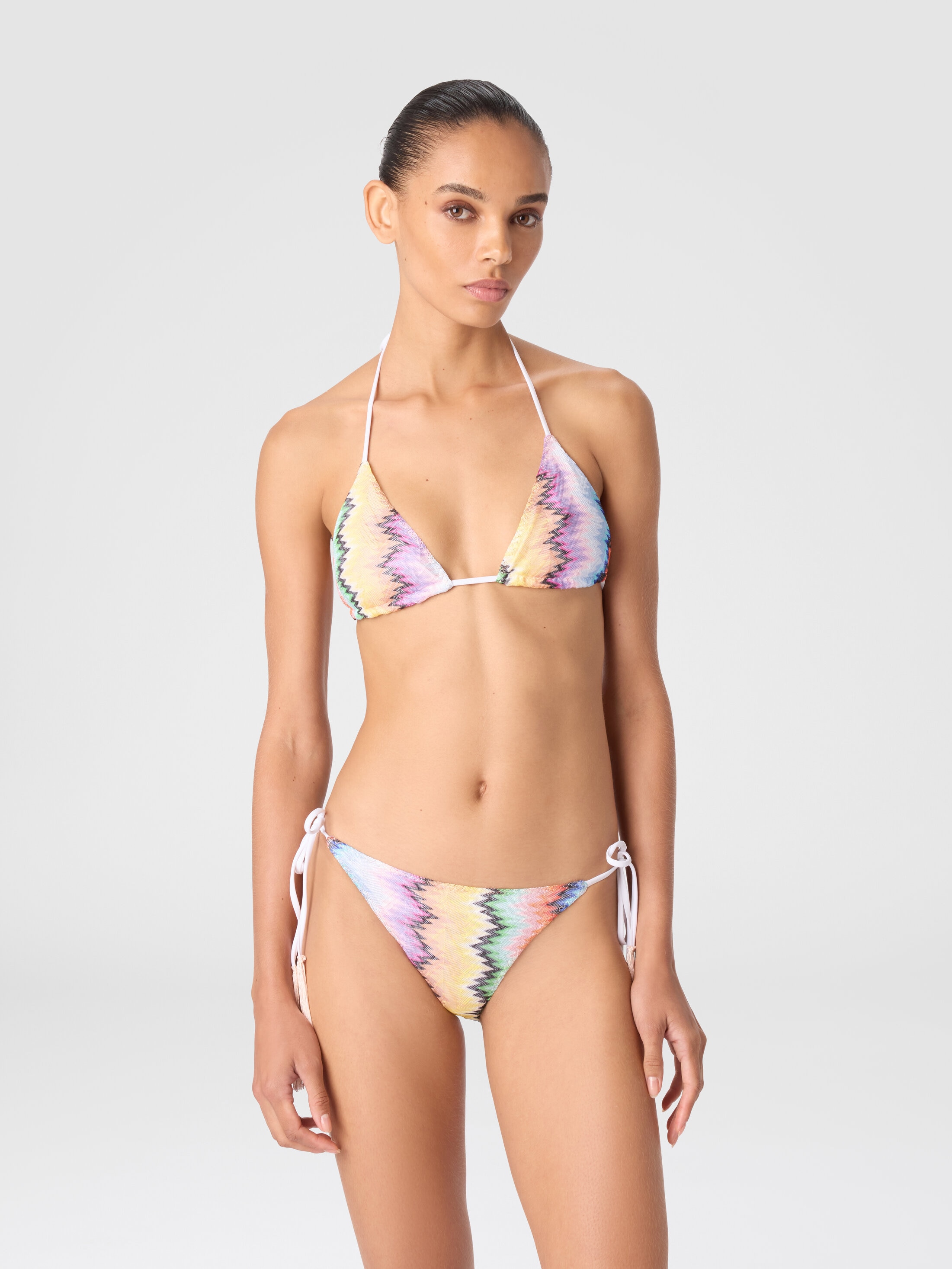 #0402 MMISSONIミッソーニトライアングルタイサイドビキニ　パープル Triangle bikini with tassels and faded stripes Multicoloured | Missoni