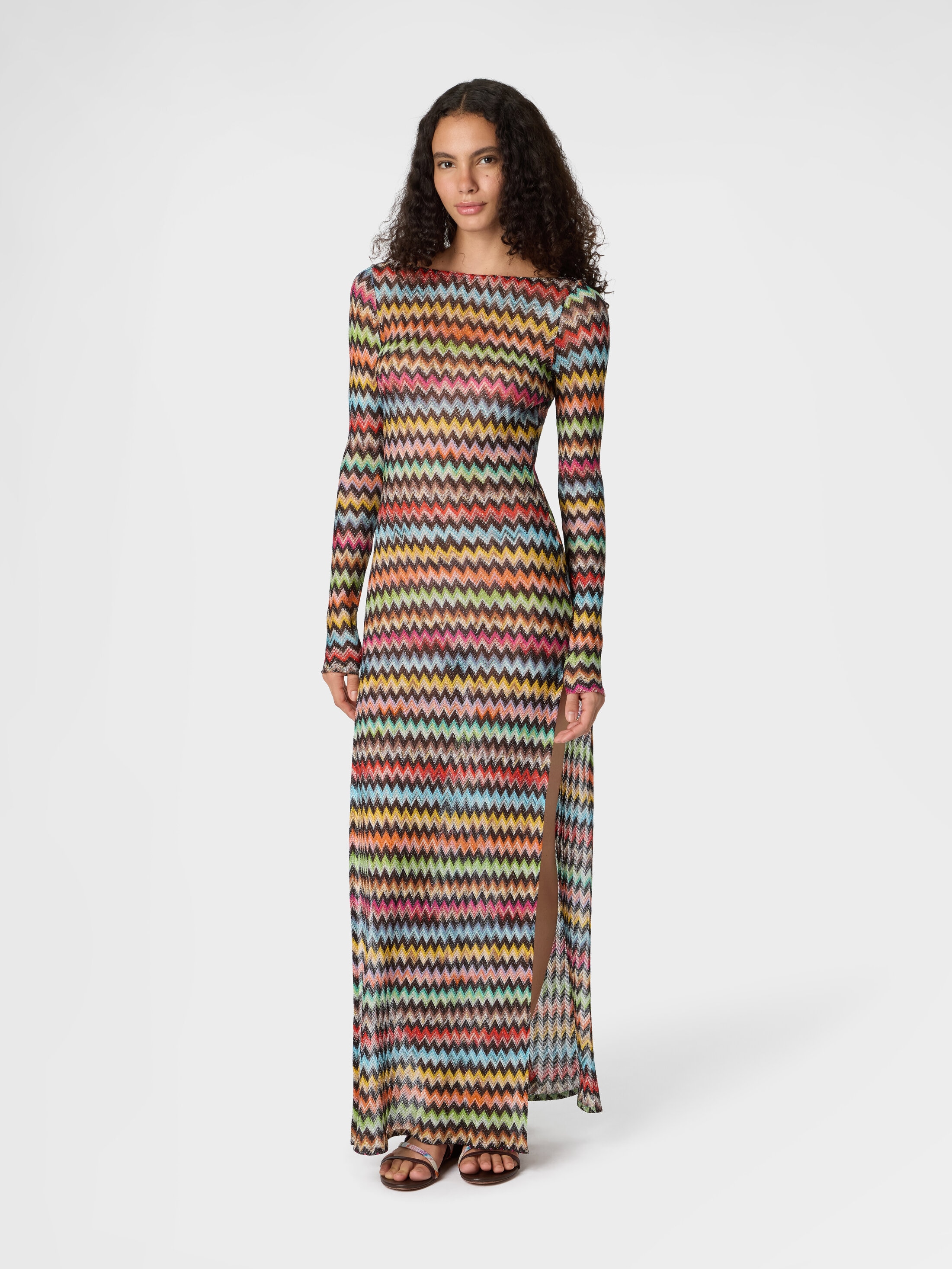 Long cover-up dress in lamé viscose with micro zigzag pattern