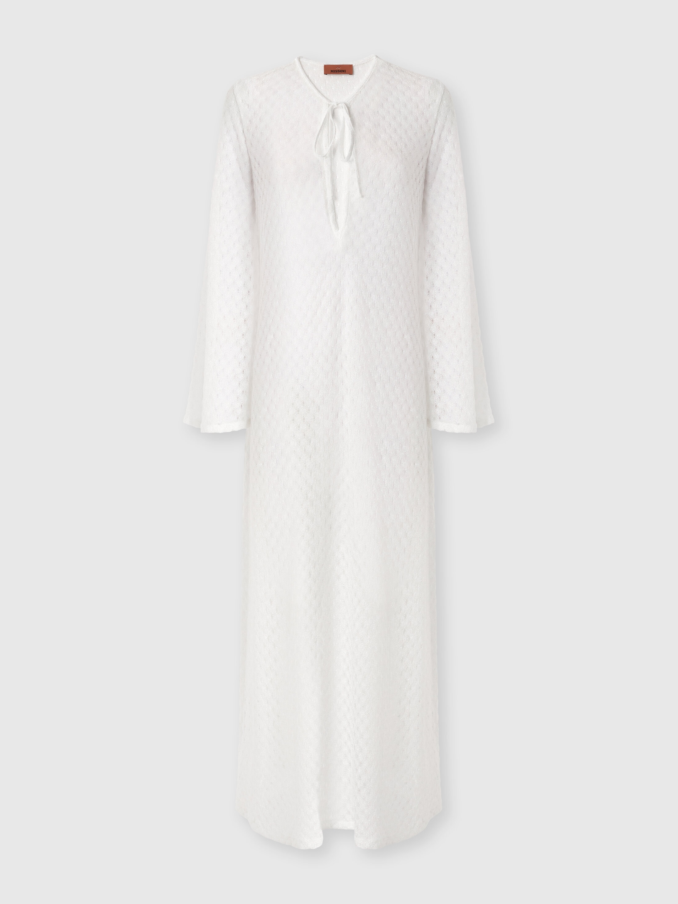 Long cover-up dress in lamé viscose with raschel workmanship White