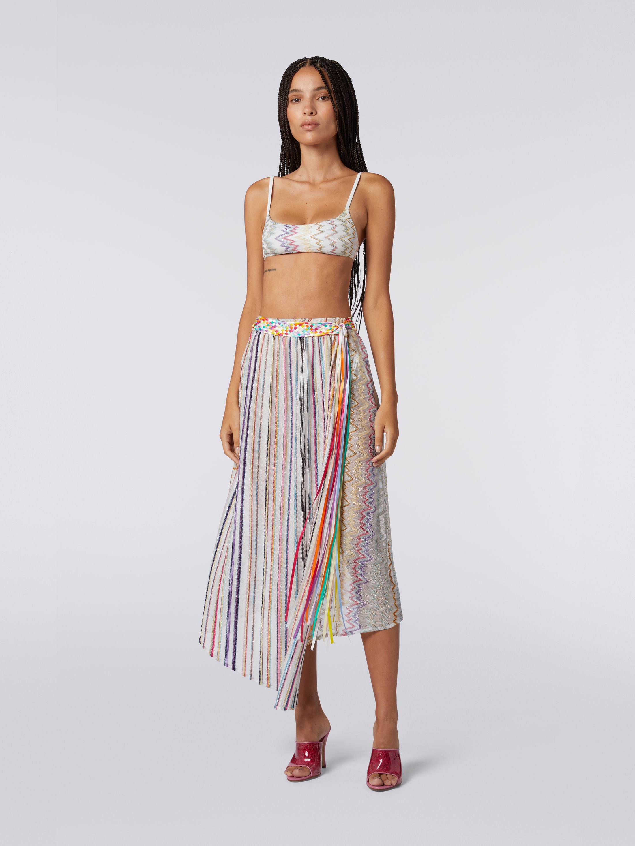 Midi skirt with braided belt Multicoloured Lamé Patchwork | Missoni