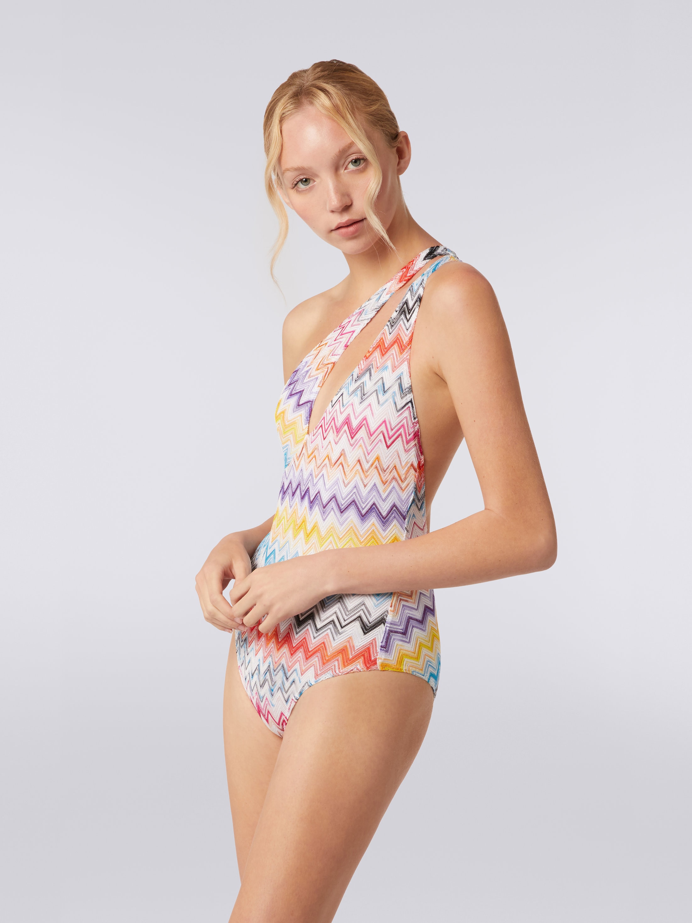 One-piece swimming costume with crossover neckline