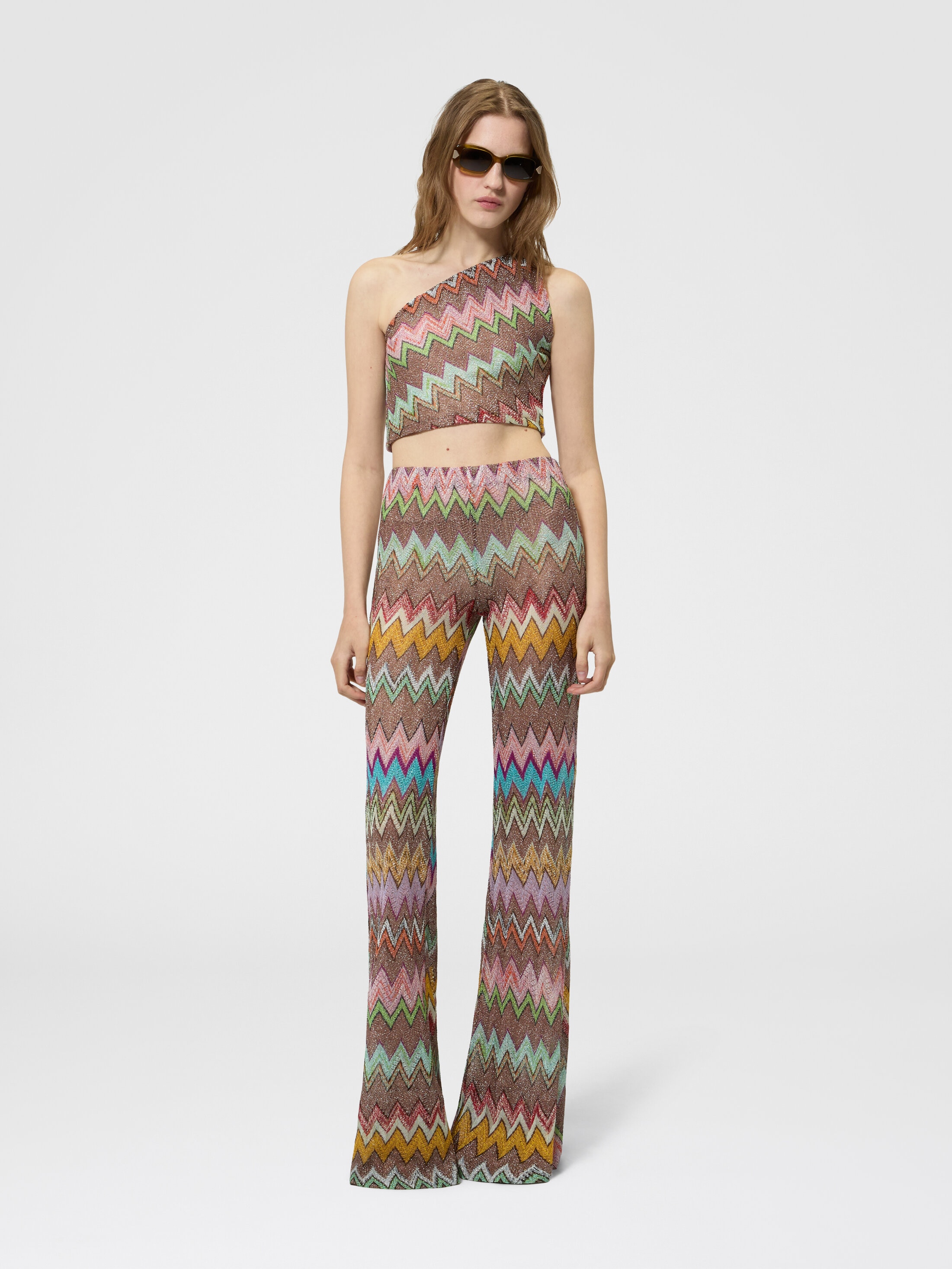 One-shoulder top in lamé viscose with macro zigzag pattern Black