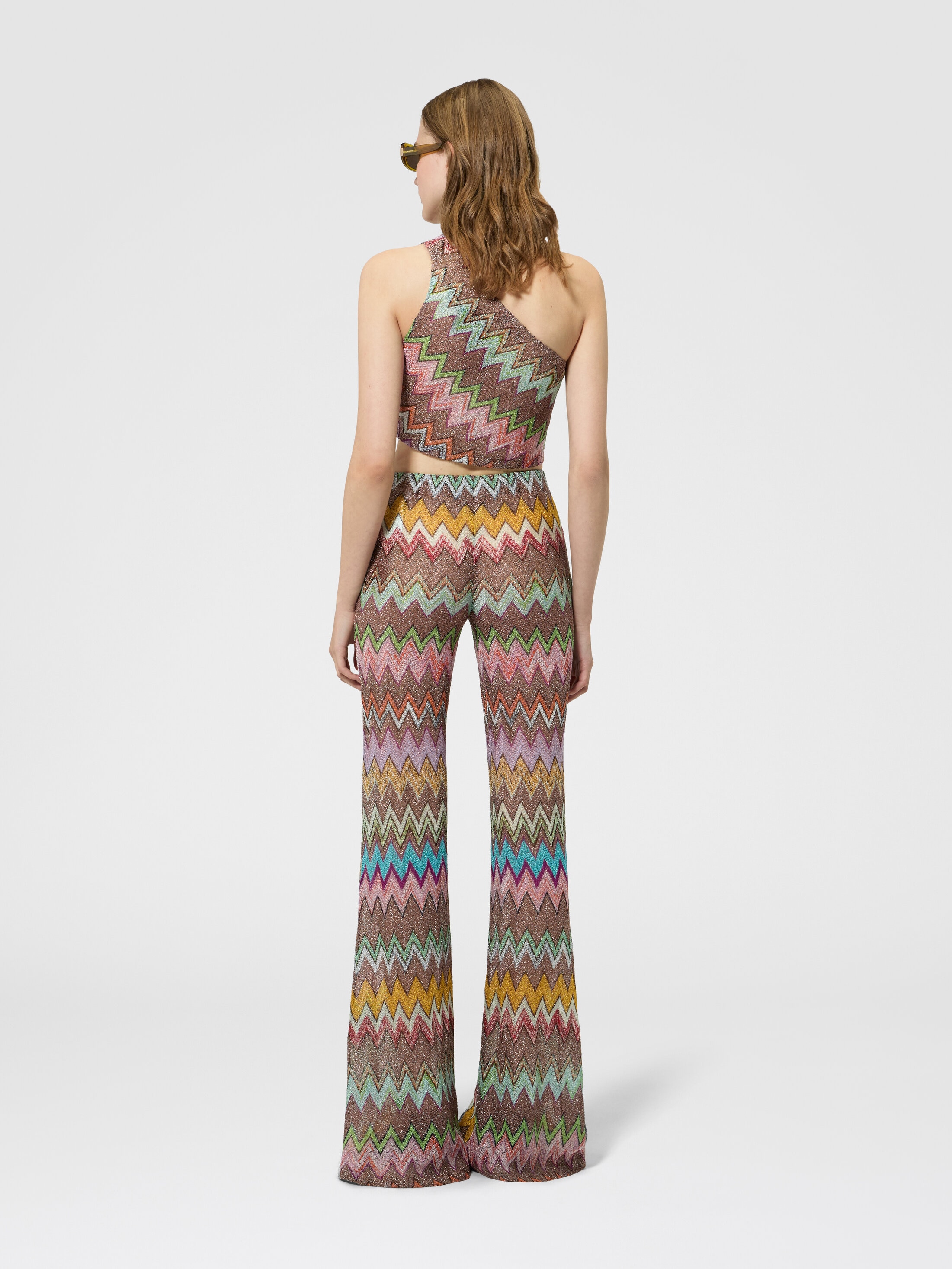 One-shoulder top in lamé viscose with macro zigzag pattern Black