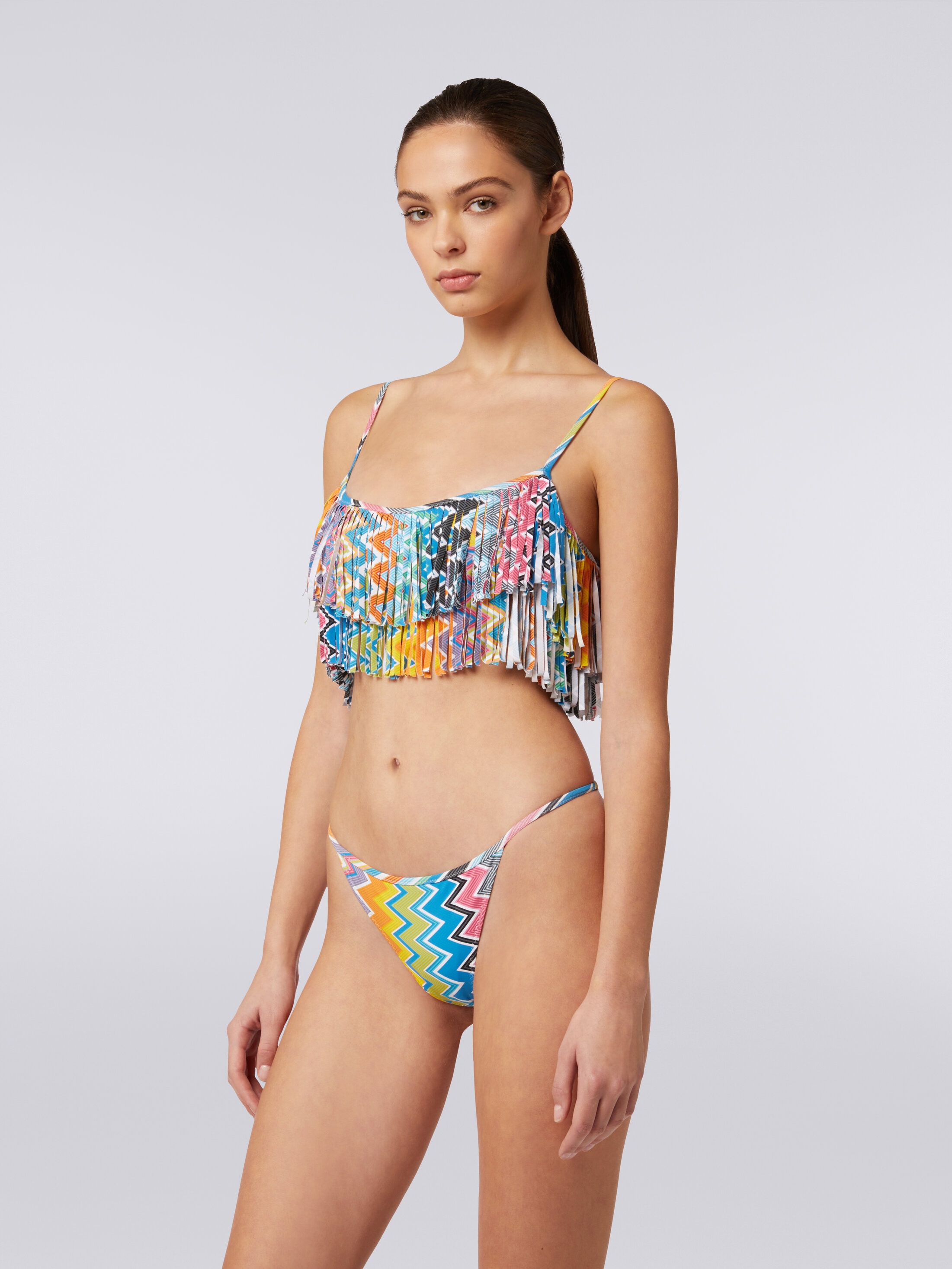 Printed stretch fabric bikini with fringed top