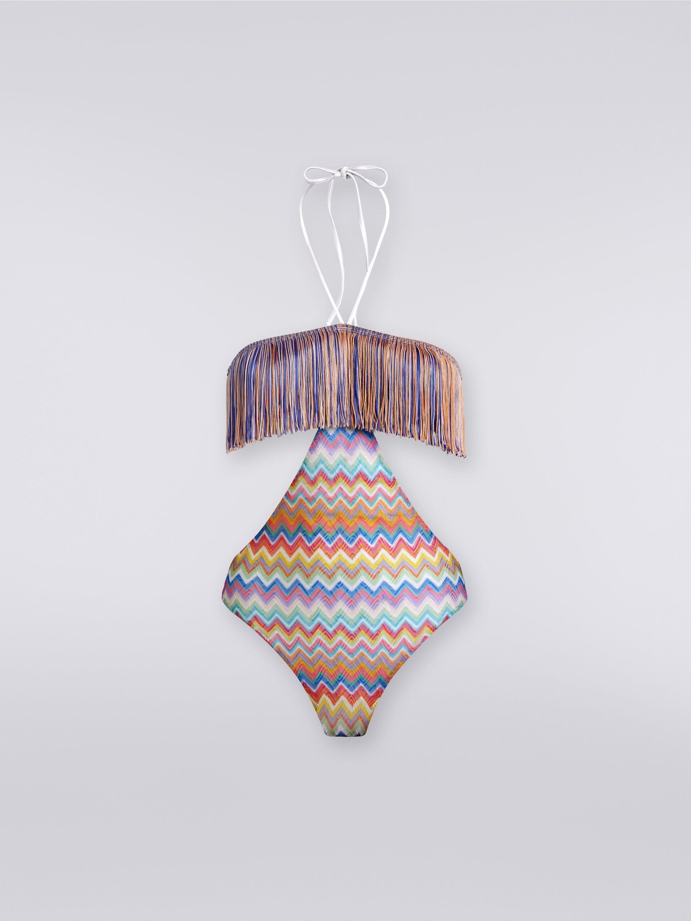 One-piece swimming costume with zigzag print and fringes