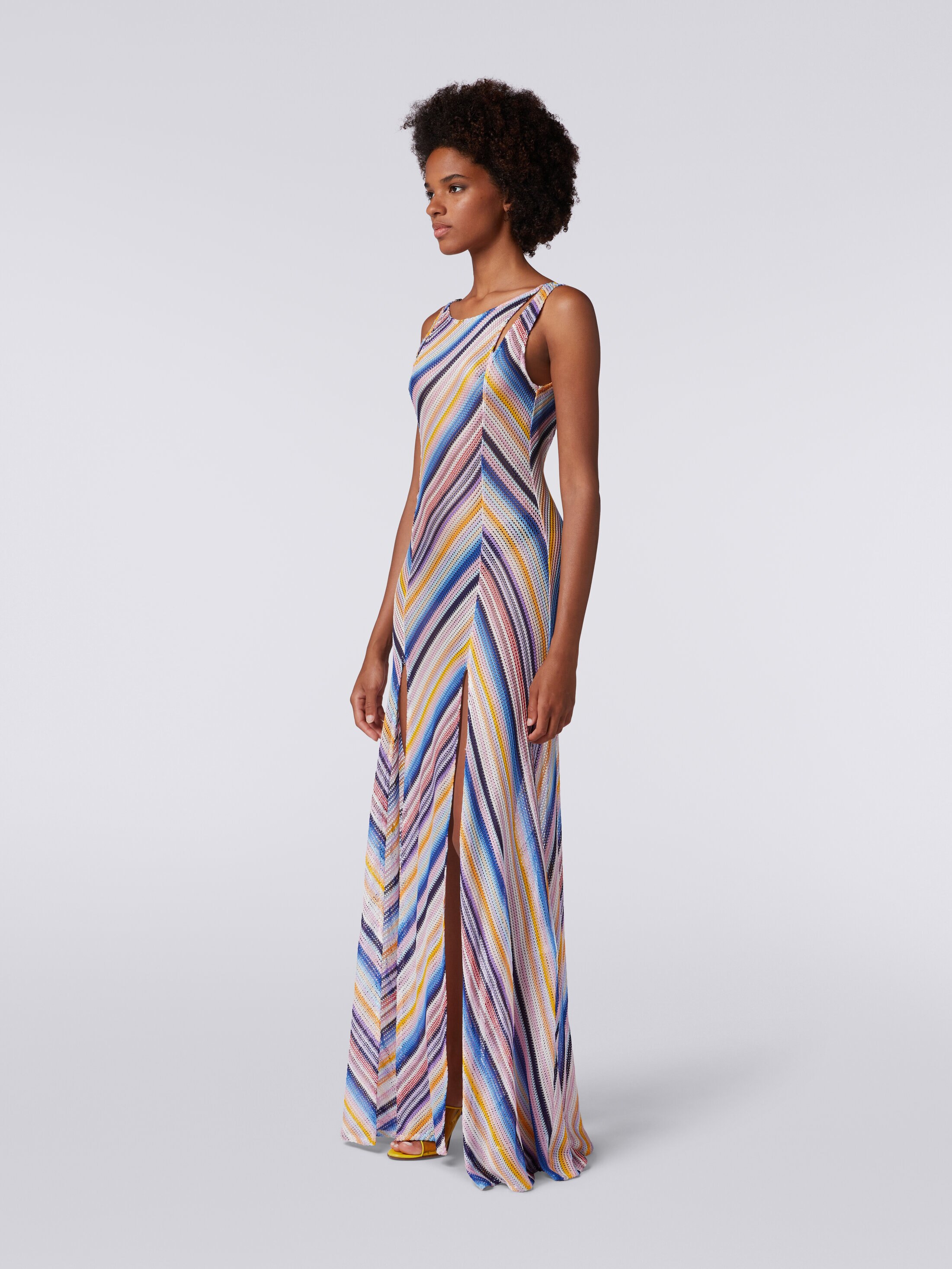 Long cover up dress in striped crochet with slits