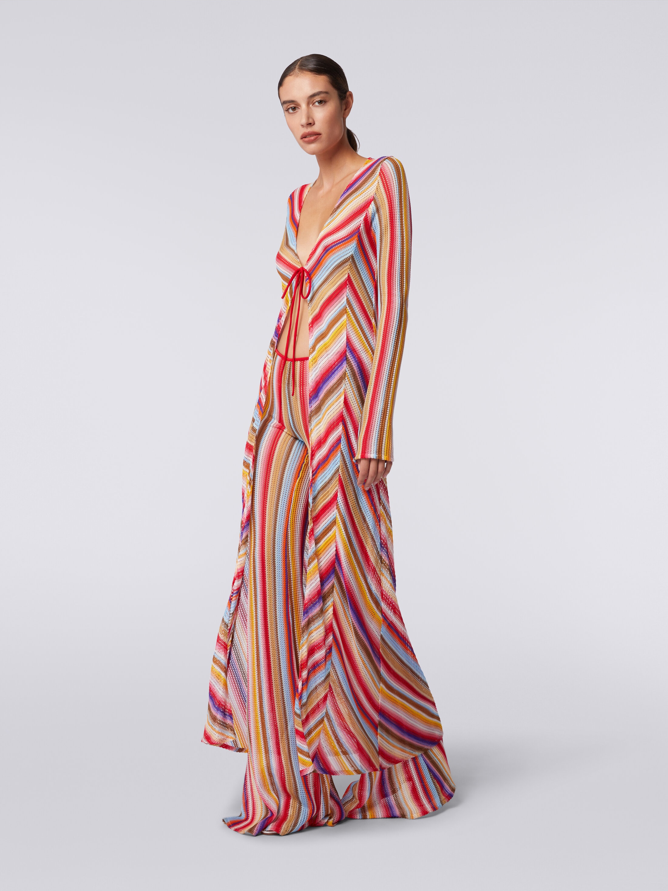 Long cover up cardigan in striped crochet Multicoloured | Missoni