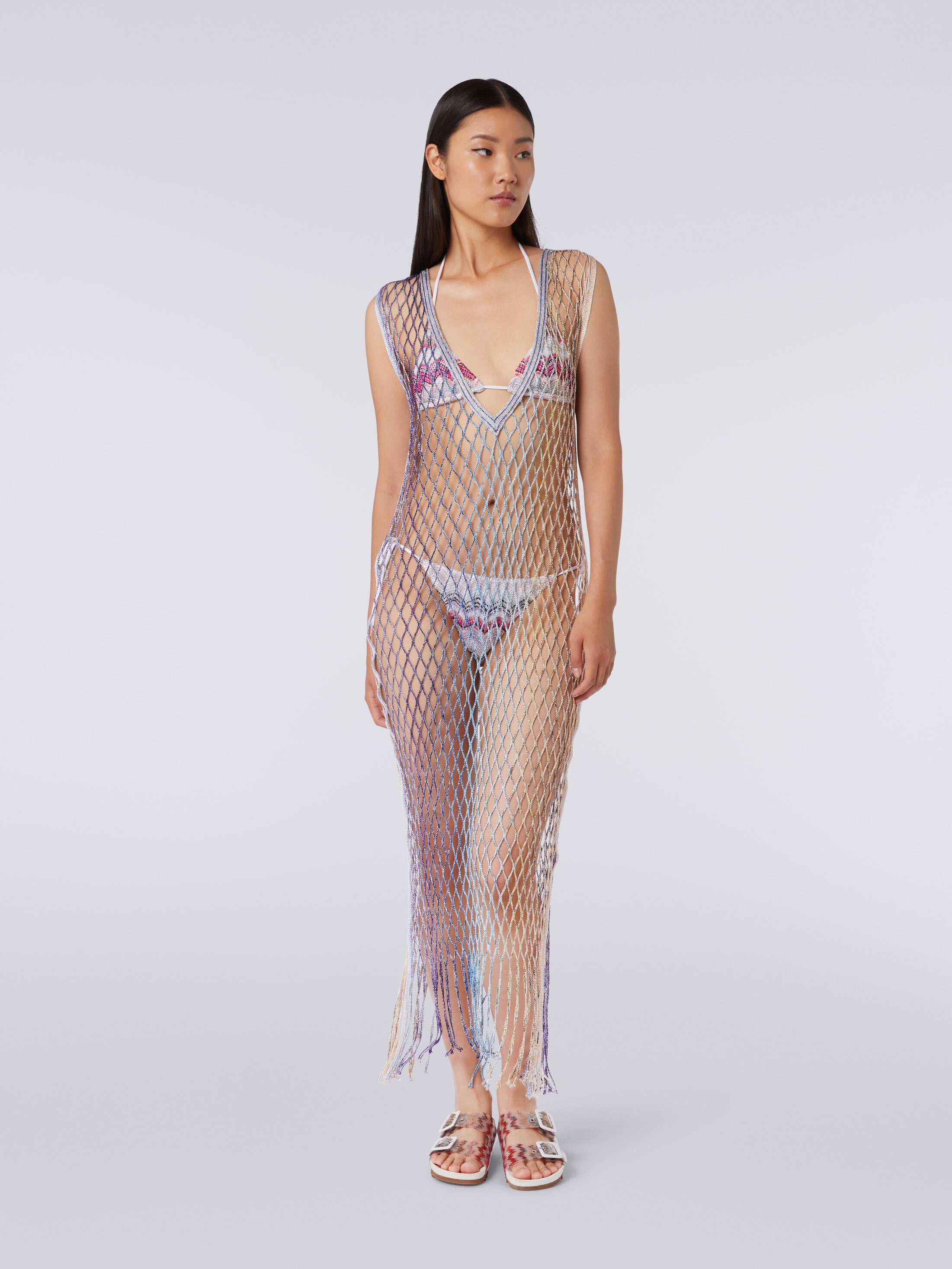 Cover up in metal-effect mesh with fringes