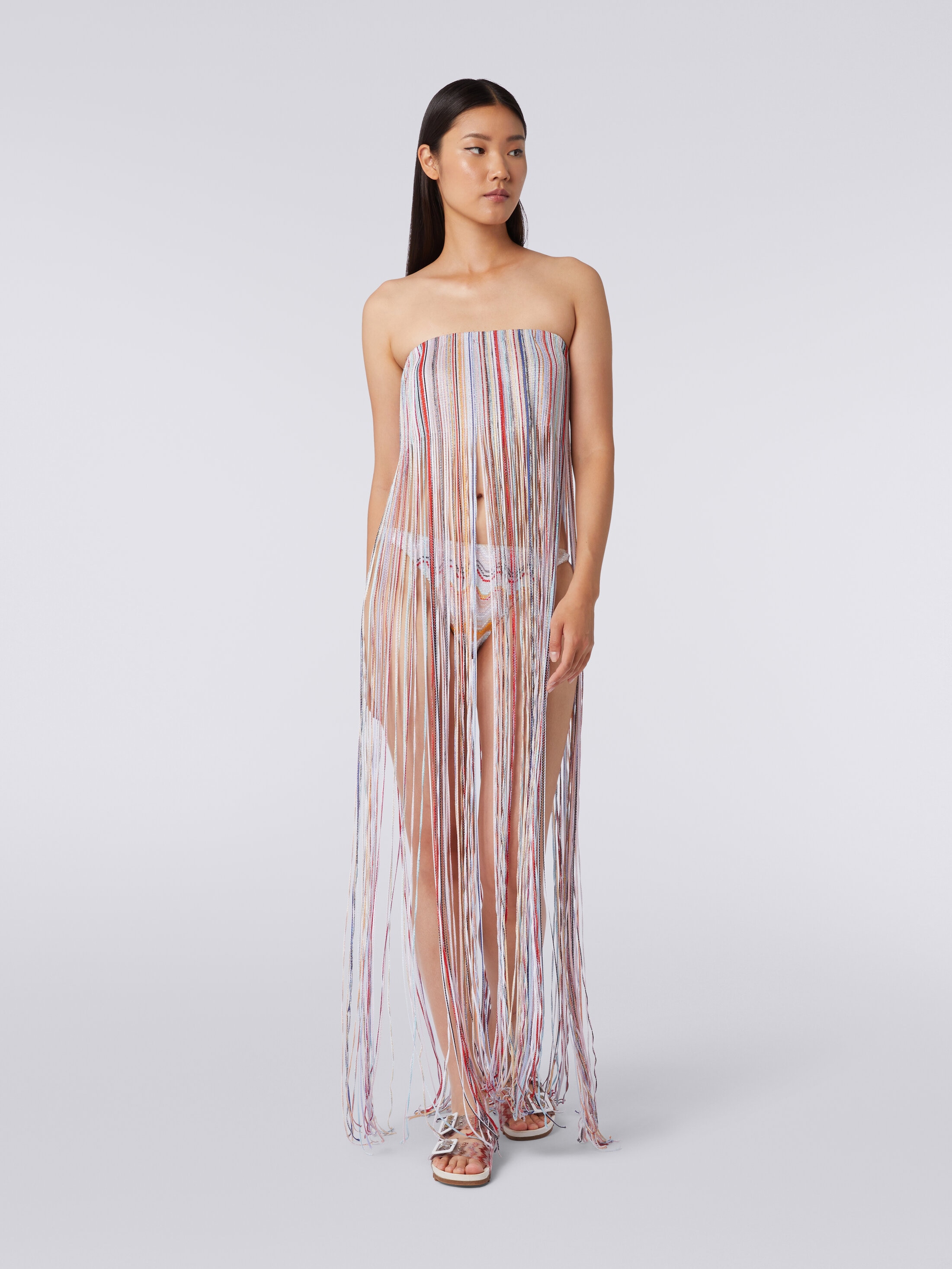 Fringed bustier cover up dress with lurex