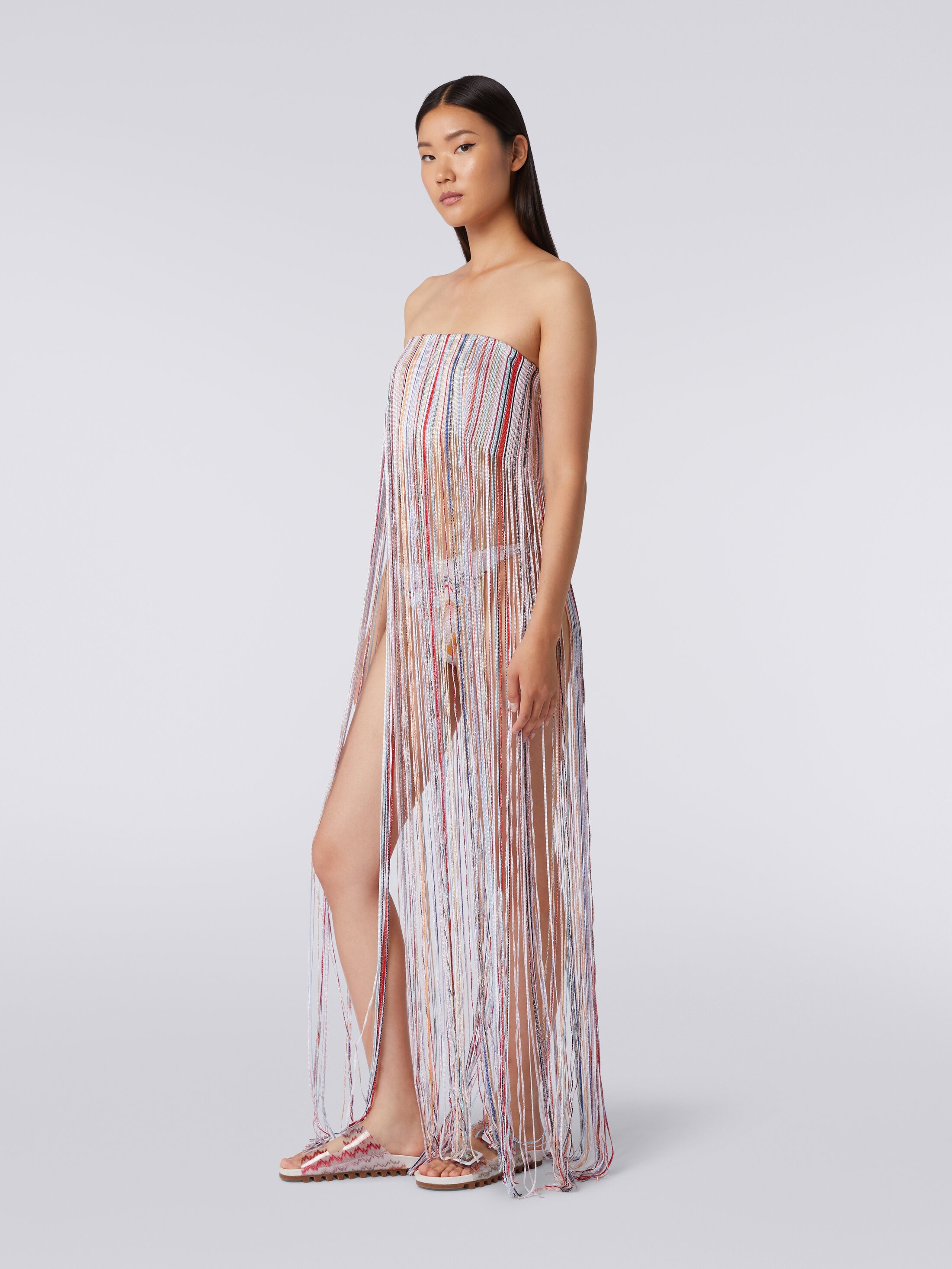 Fringed bustier cover up dress with lurex