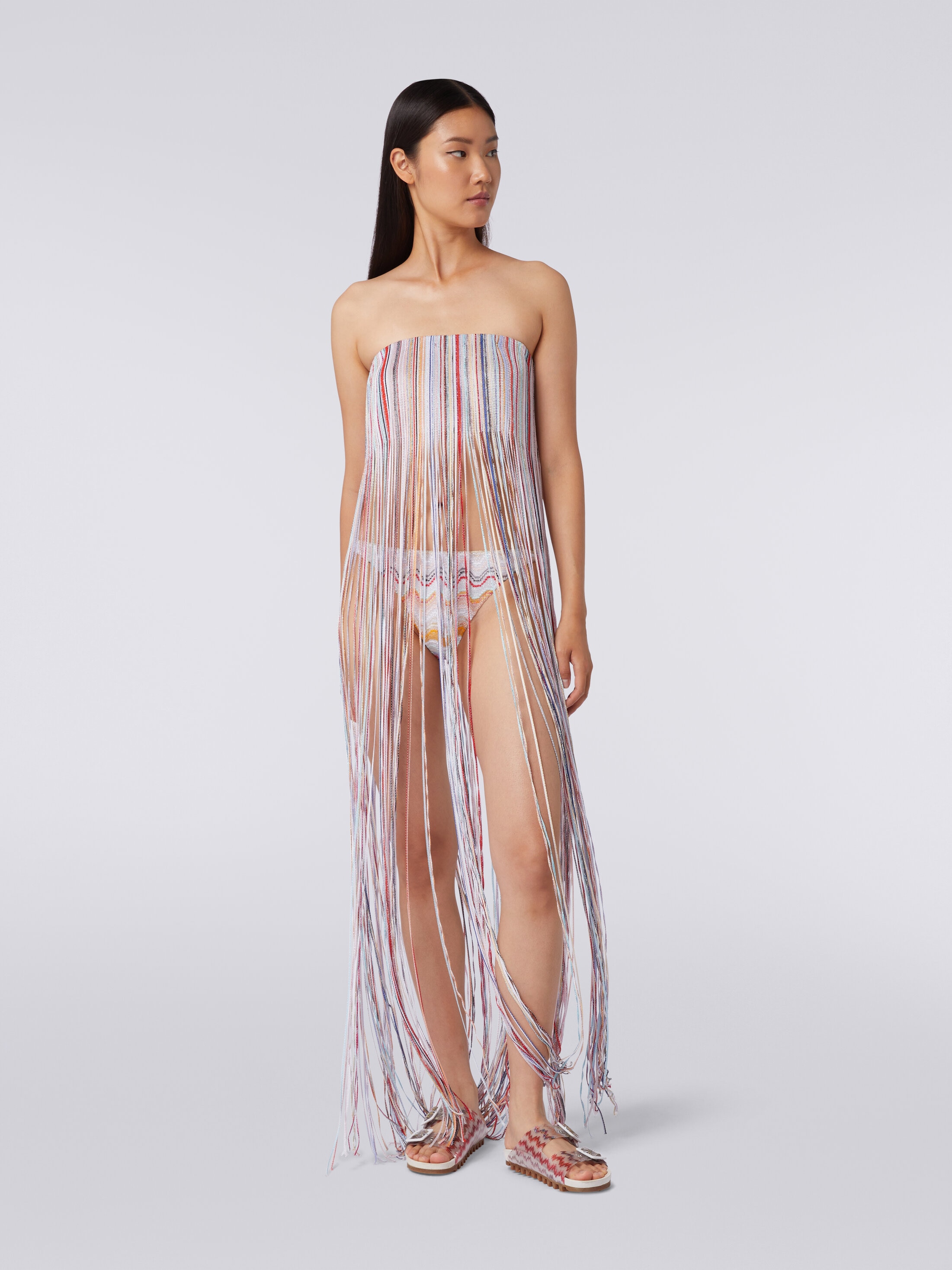 Fringed bustier cover up dress with lurex