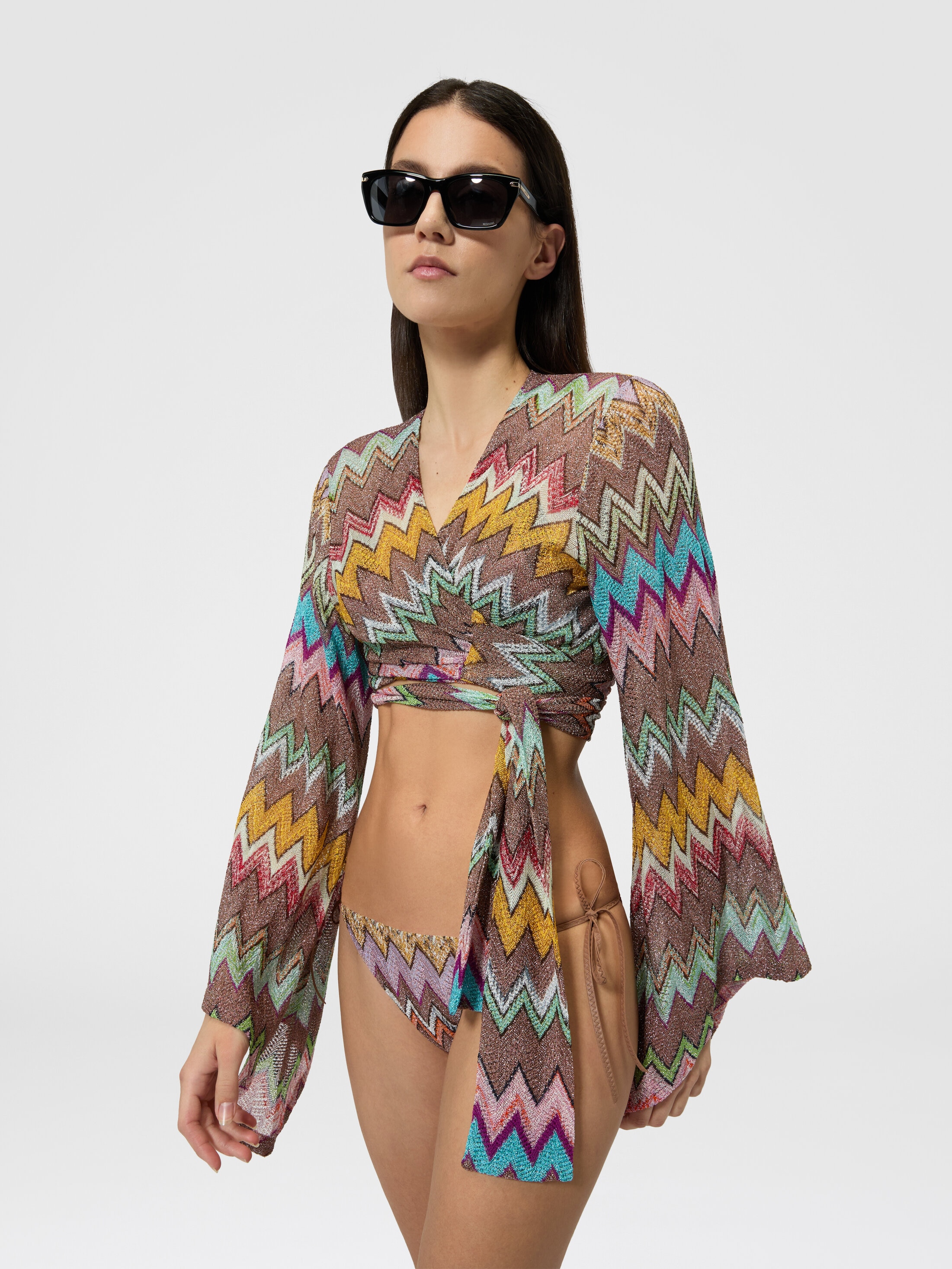 Long-sleeved wrap top in lamé viscose with macro zigzag pattern