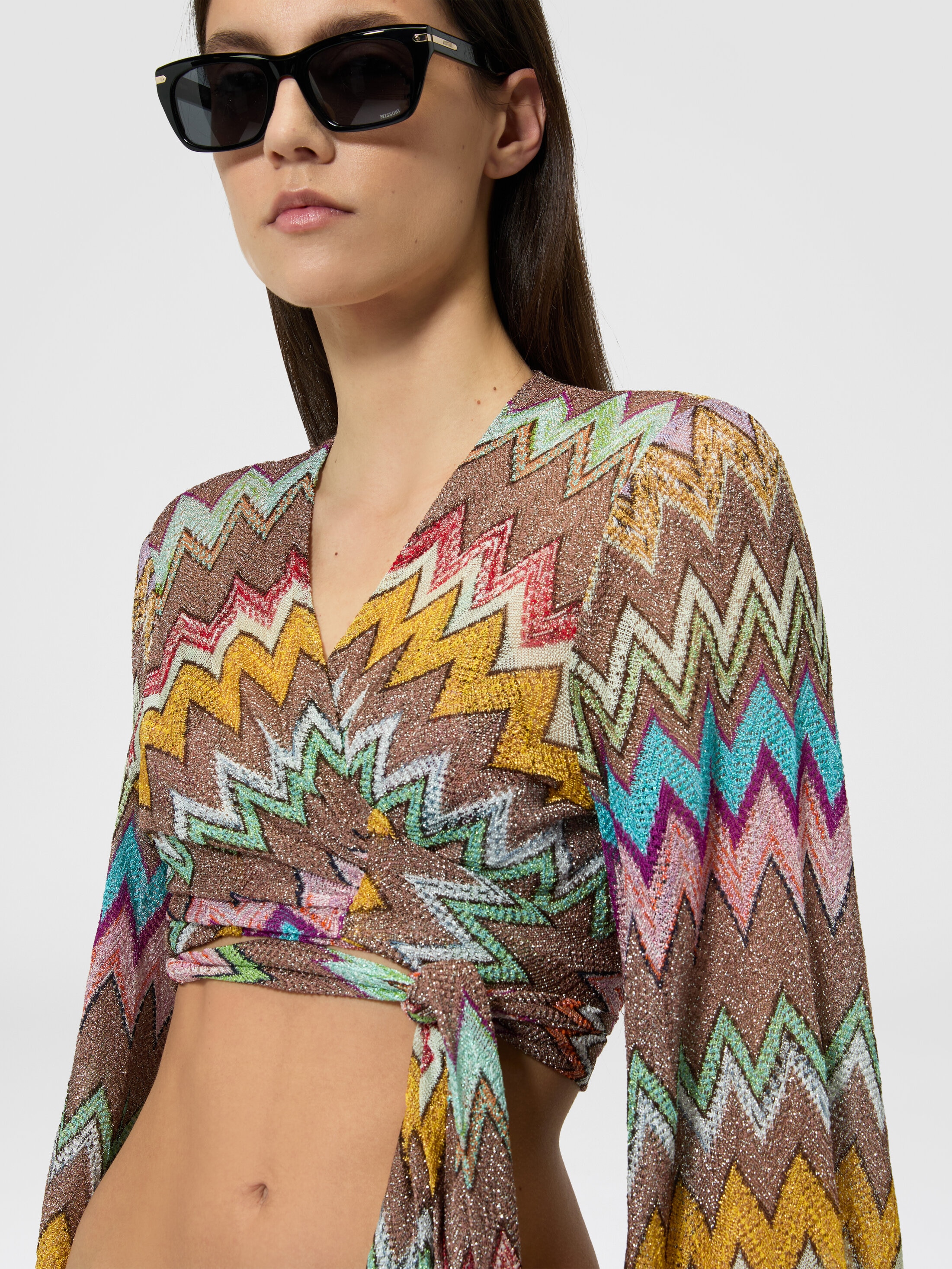 Long-sleeved wrap top in lamé viscose with macro zigzag pattern
