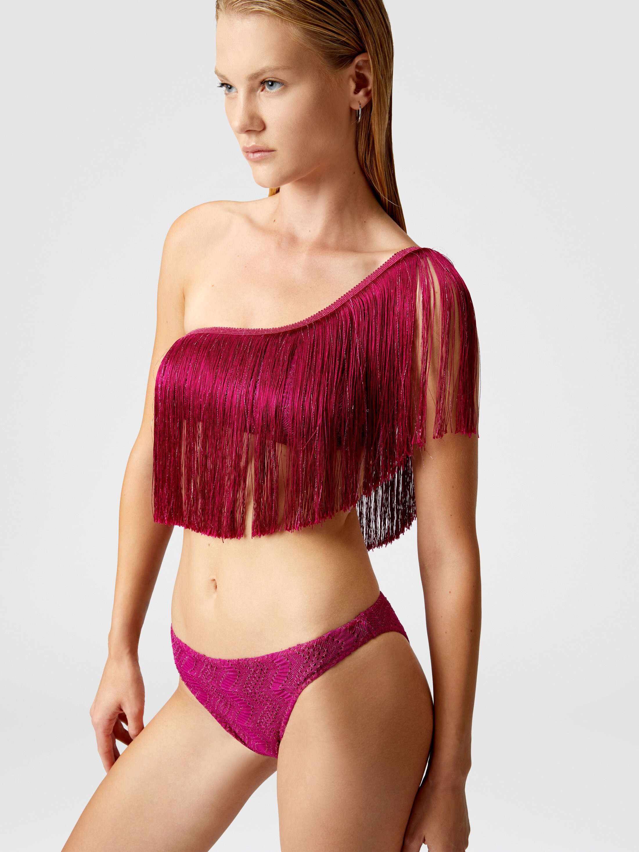 One-shoulder zigzag lamé viscose bikini with fringes Purple | Missoni