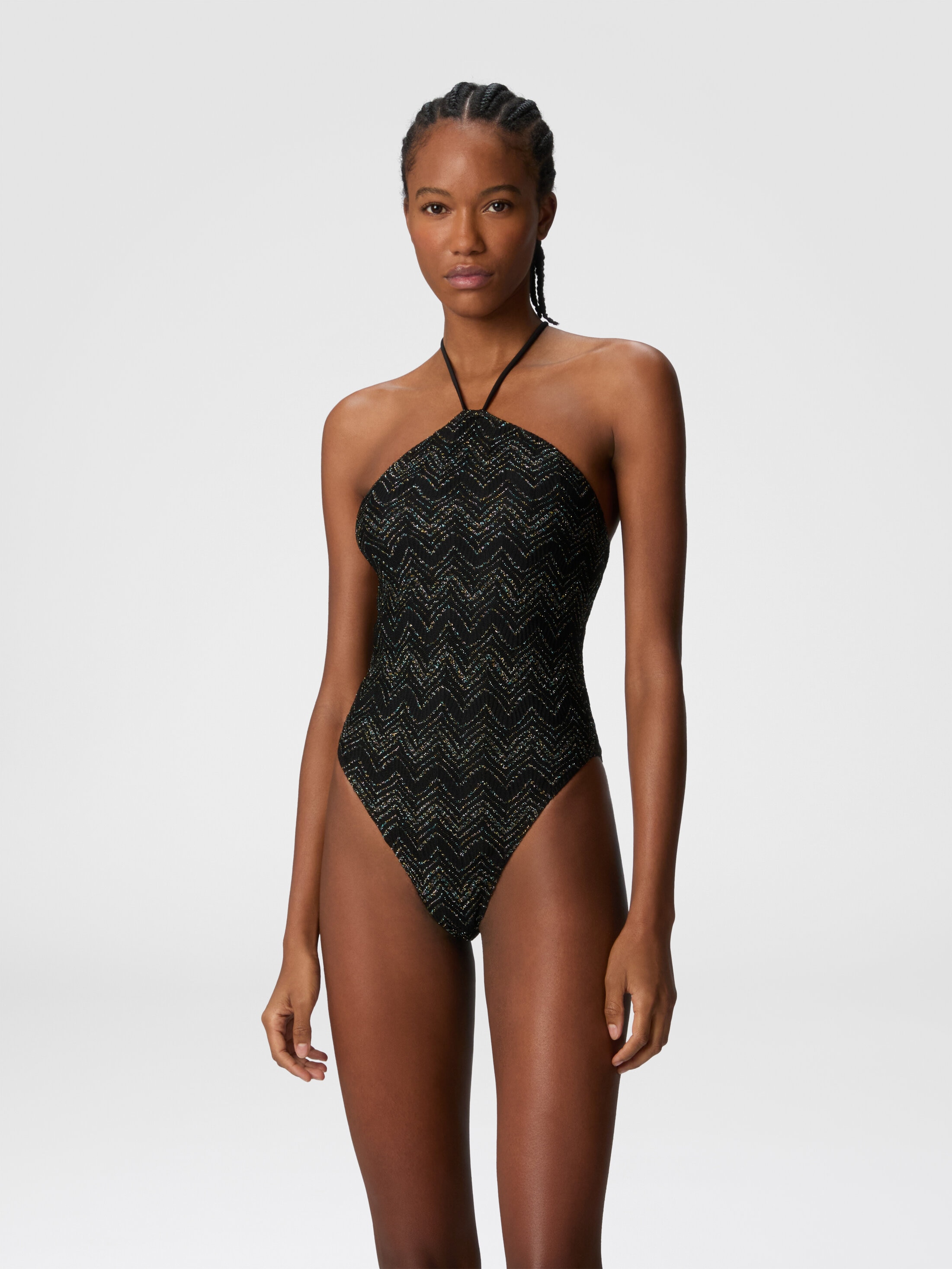 Zig zag lamé viscose one-piece swimsuit with halter neck