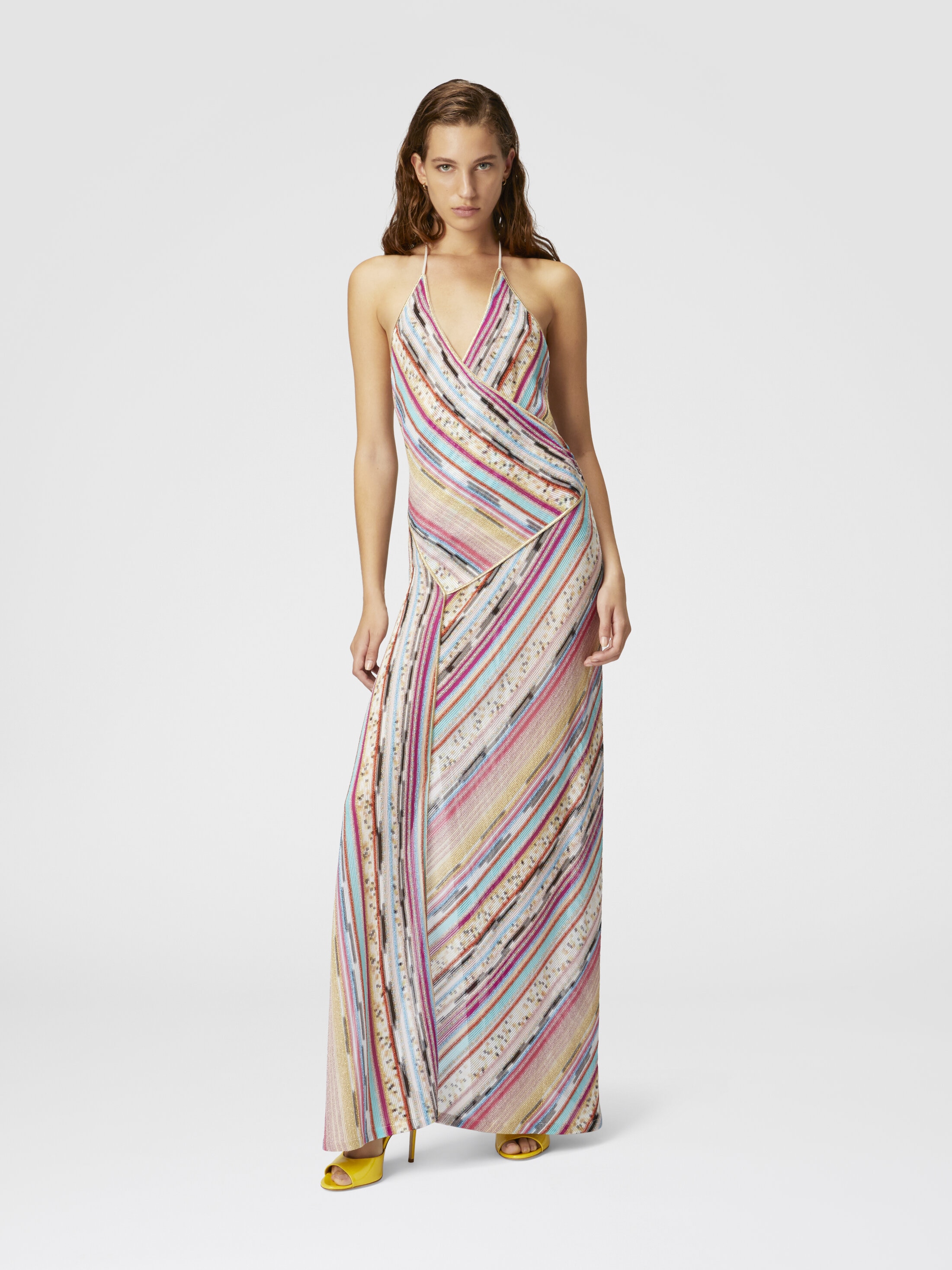 Long dress in lamé slub viscose with slit Multicoloured