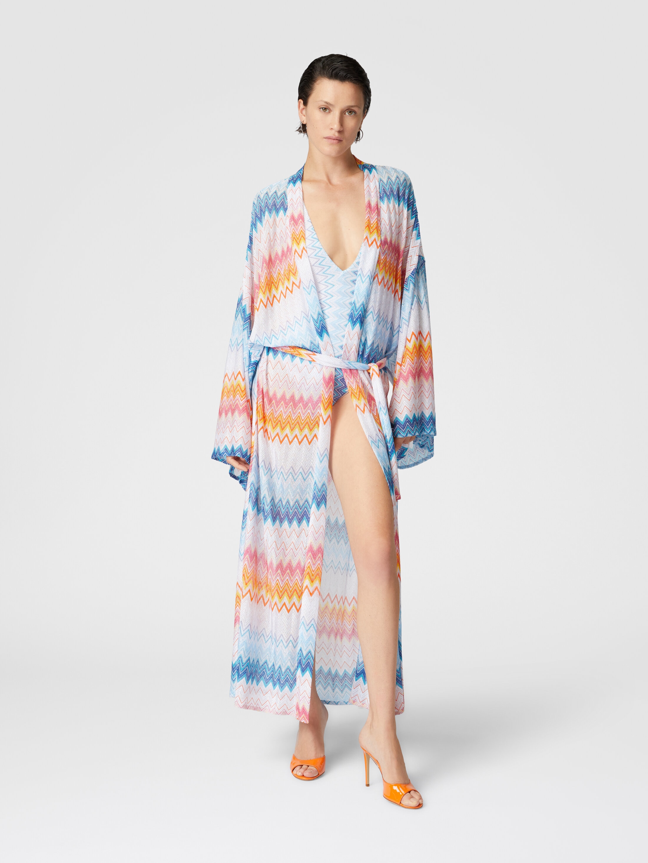 Kimono cover-up in zigzag lamé viscose blend with belt at