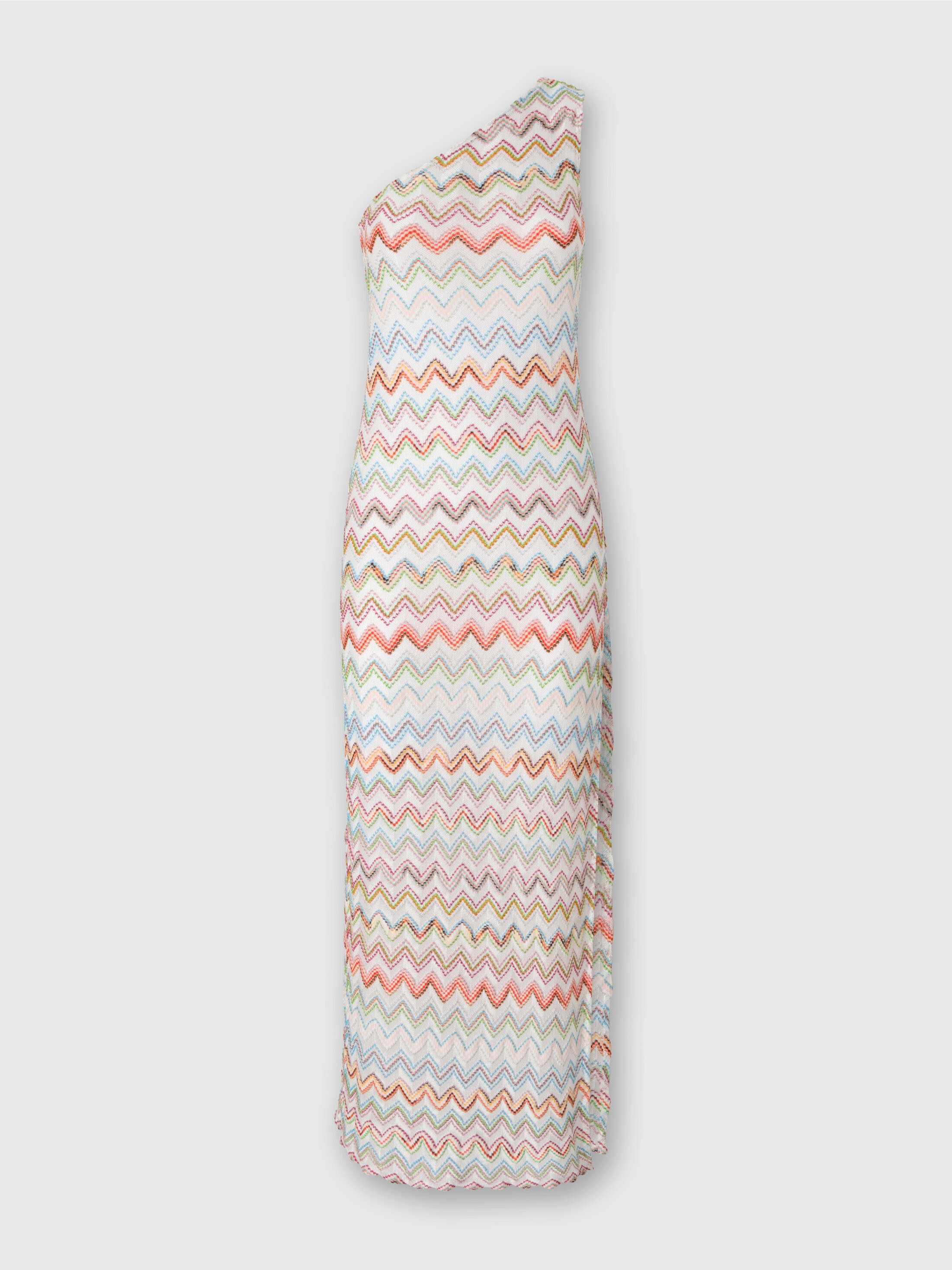 Long one-shoulder cover-up dress in zig zag lamé viscose