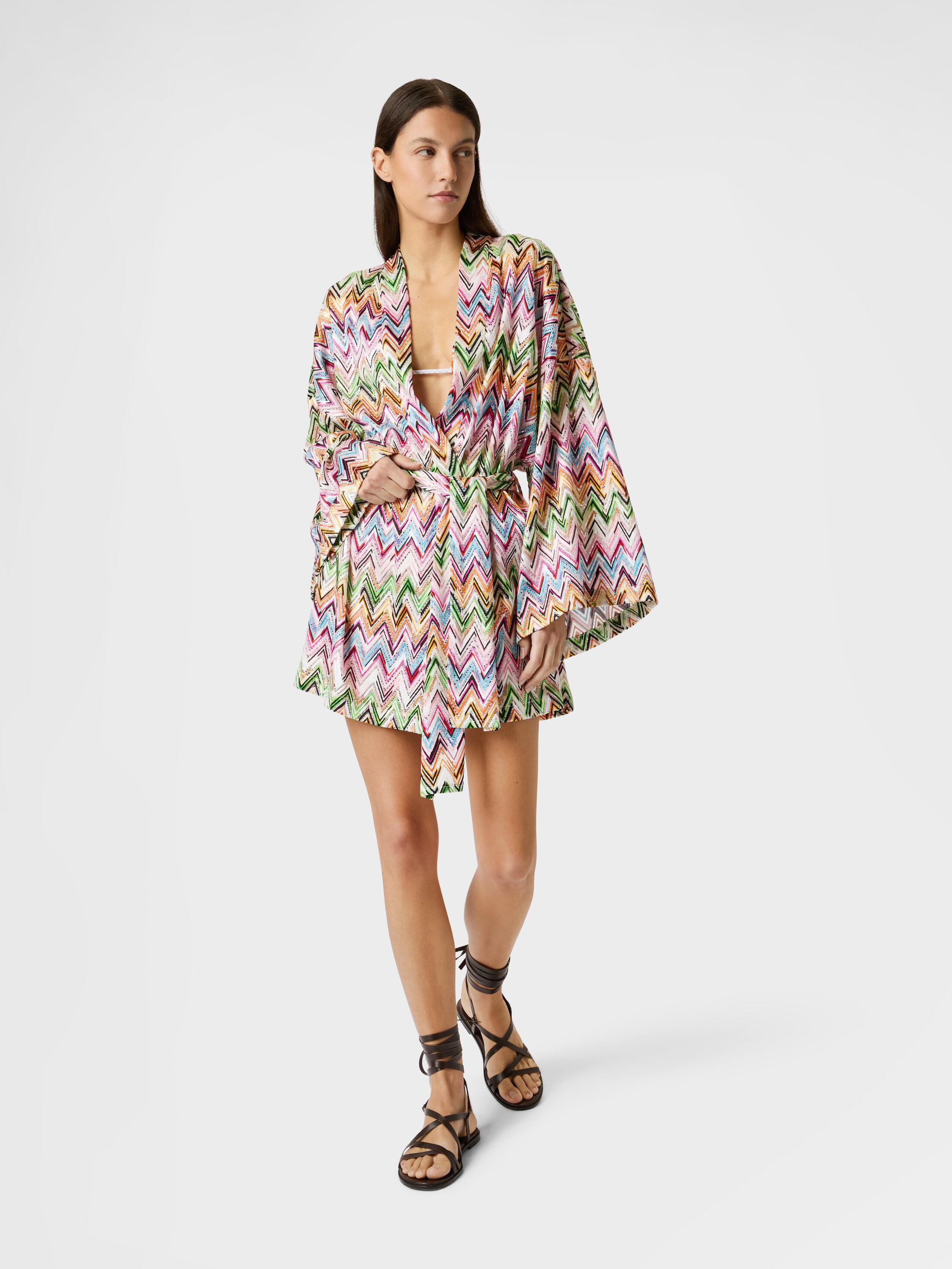 Kimono cover-up in stretch viscose with lace and zigzag motif