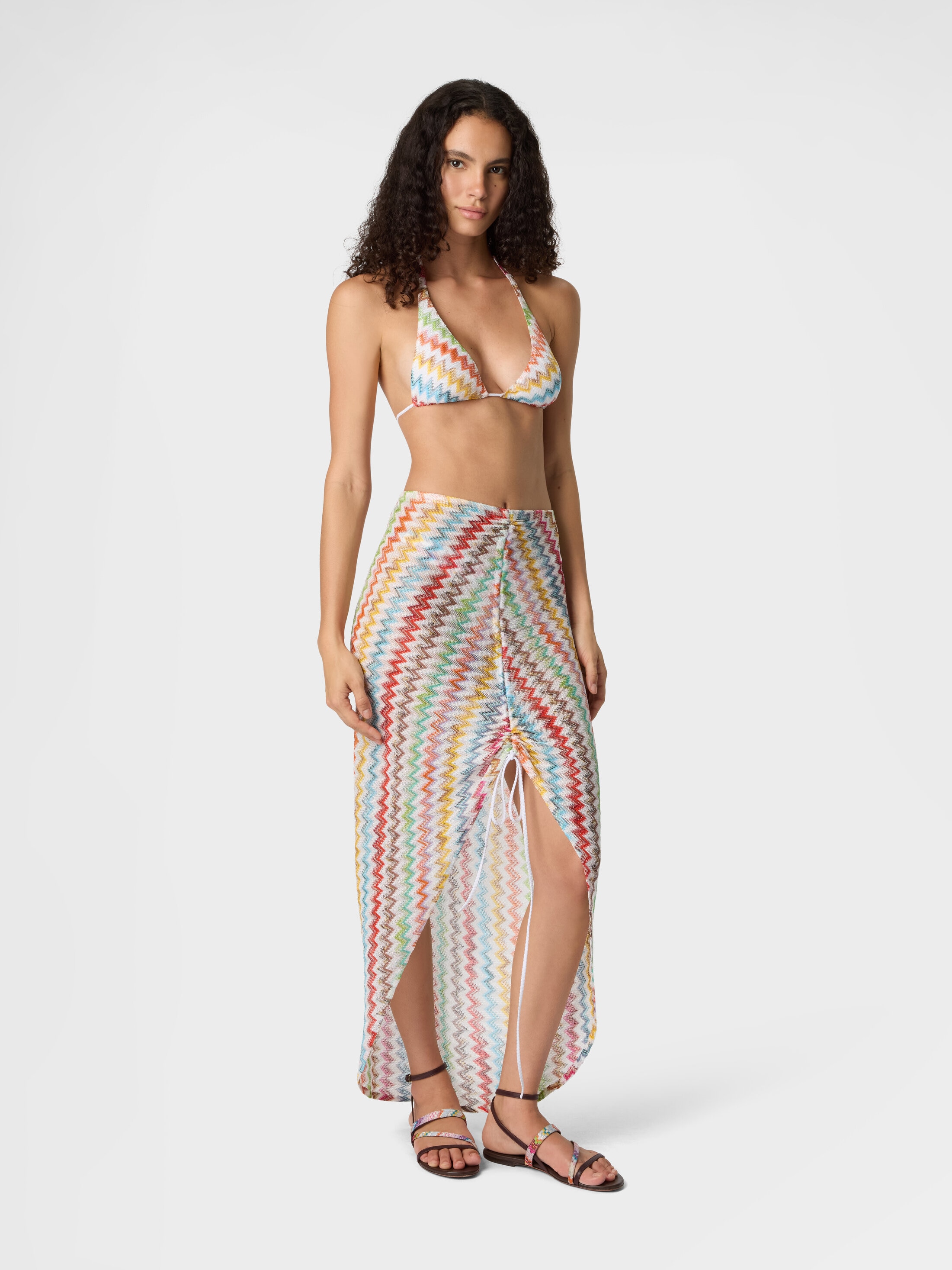 Ruched long skirt in lamé viscose with micro zigzag pattern White