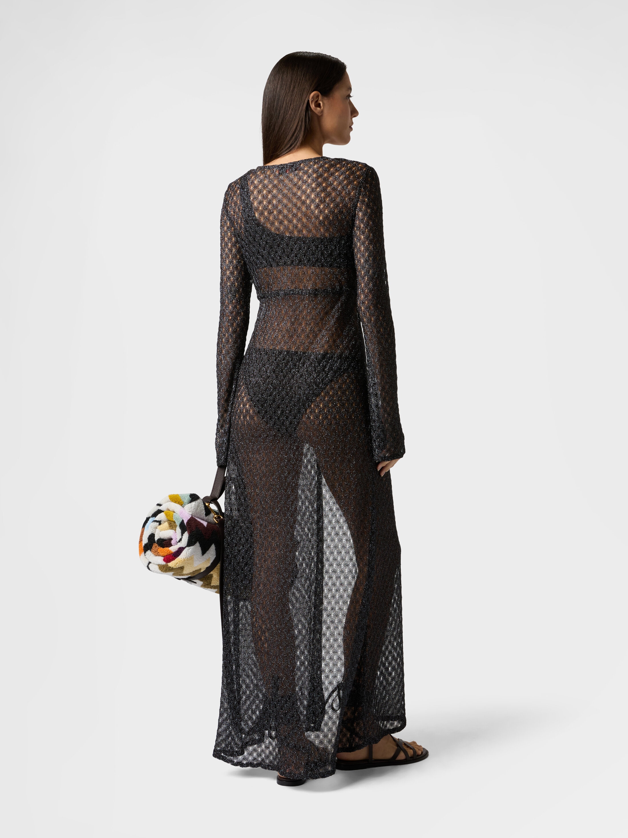 Long cardigan in lamé viscose with spiderweb motif Brown | Missoni