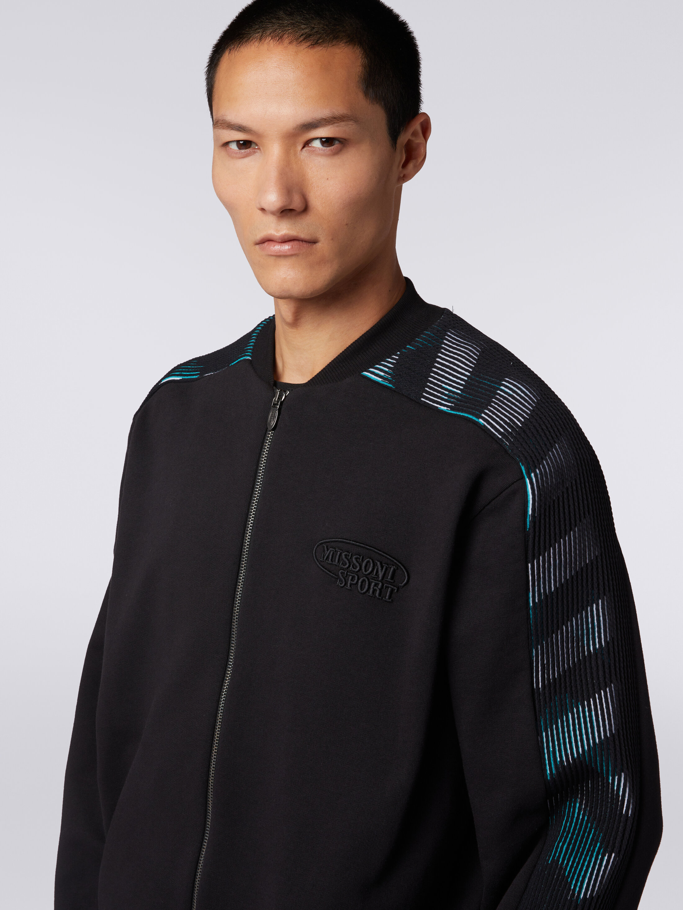 Cardigan in cotton fleece with zigzag knit details