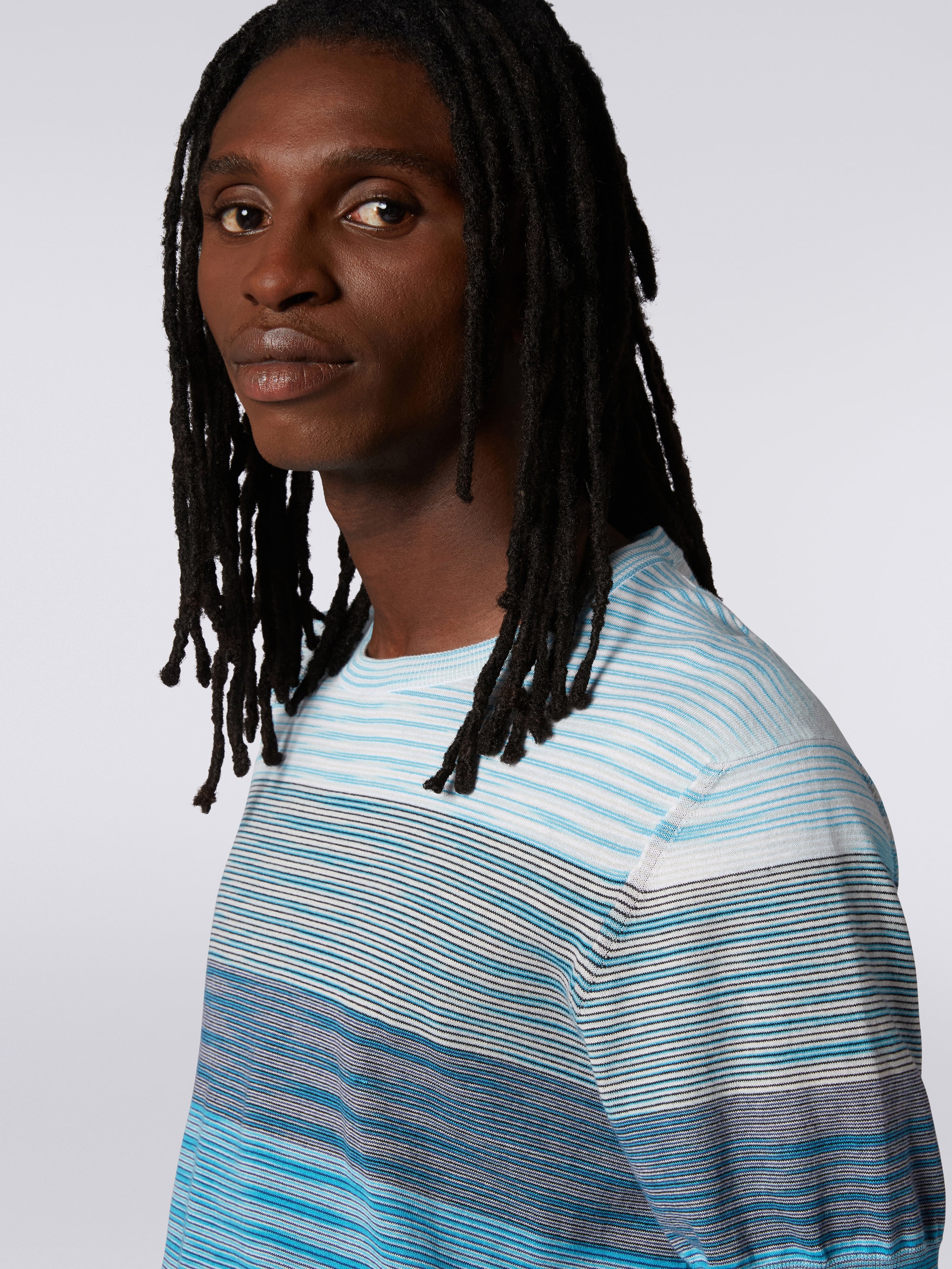 Short-sleeved crew-neck T-shirt in cotton knit with dégradé stripes White &  Sky Blue | Missoni