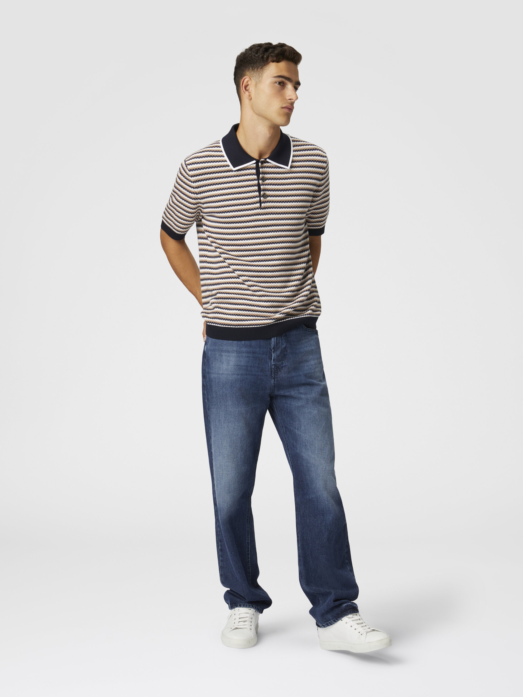 Zig zag cotton knit polo shirt Beige & Blue | Missoni