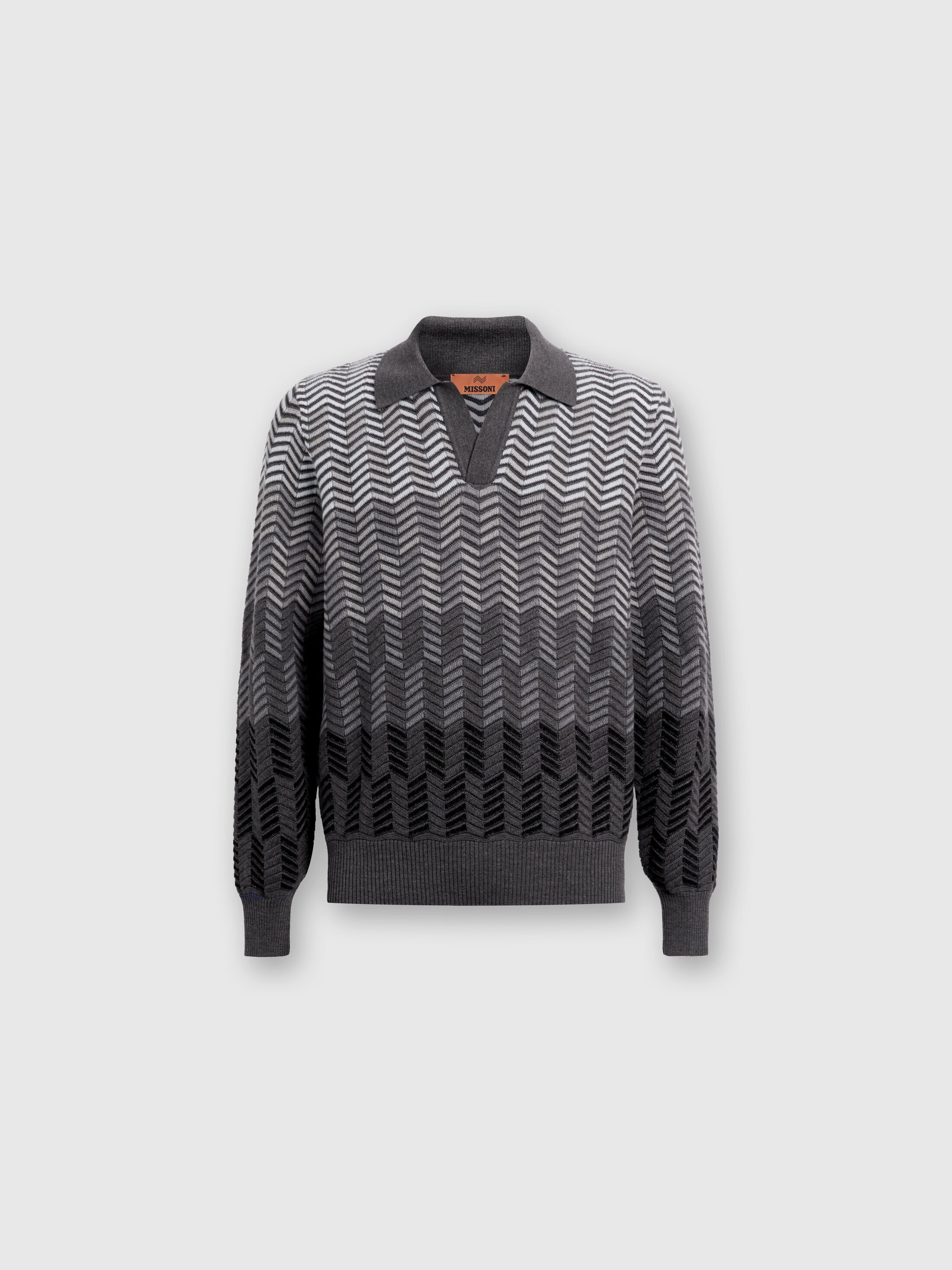 Long-sleeved polo shirt in zigzag virgin wool