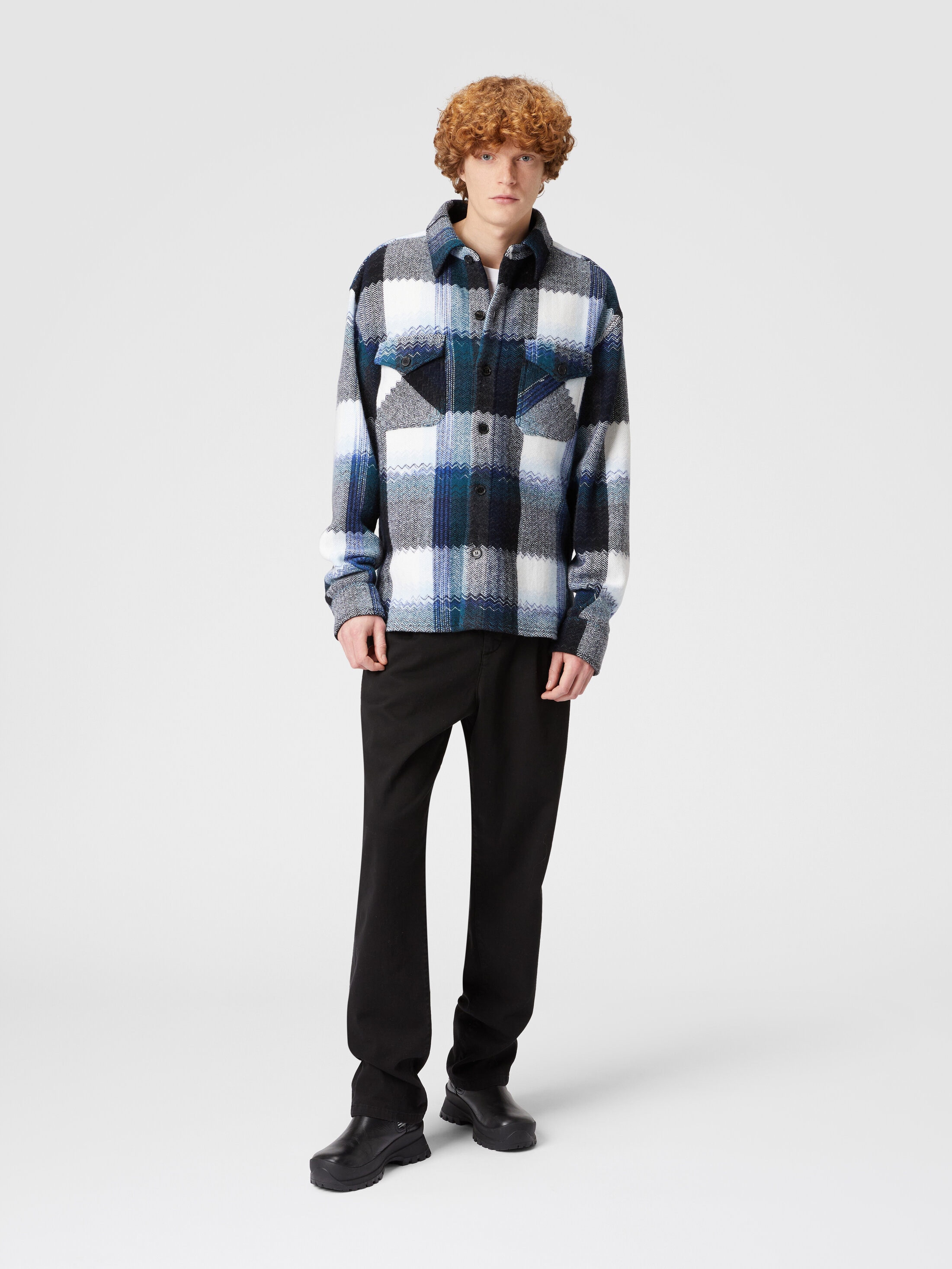 Check wool overshirt with zig zag Blue & Grey & White | Missoni