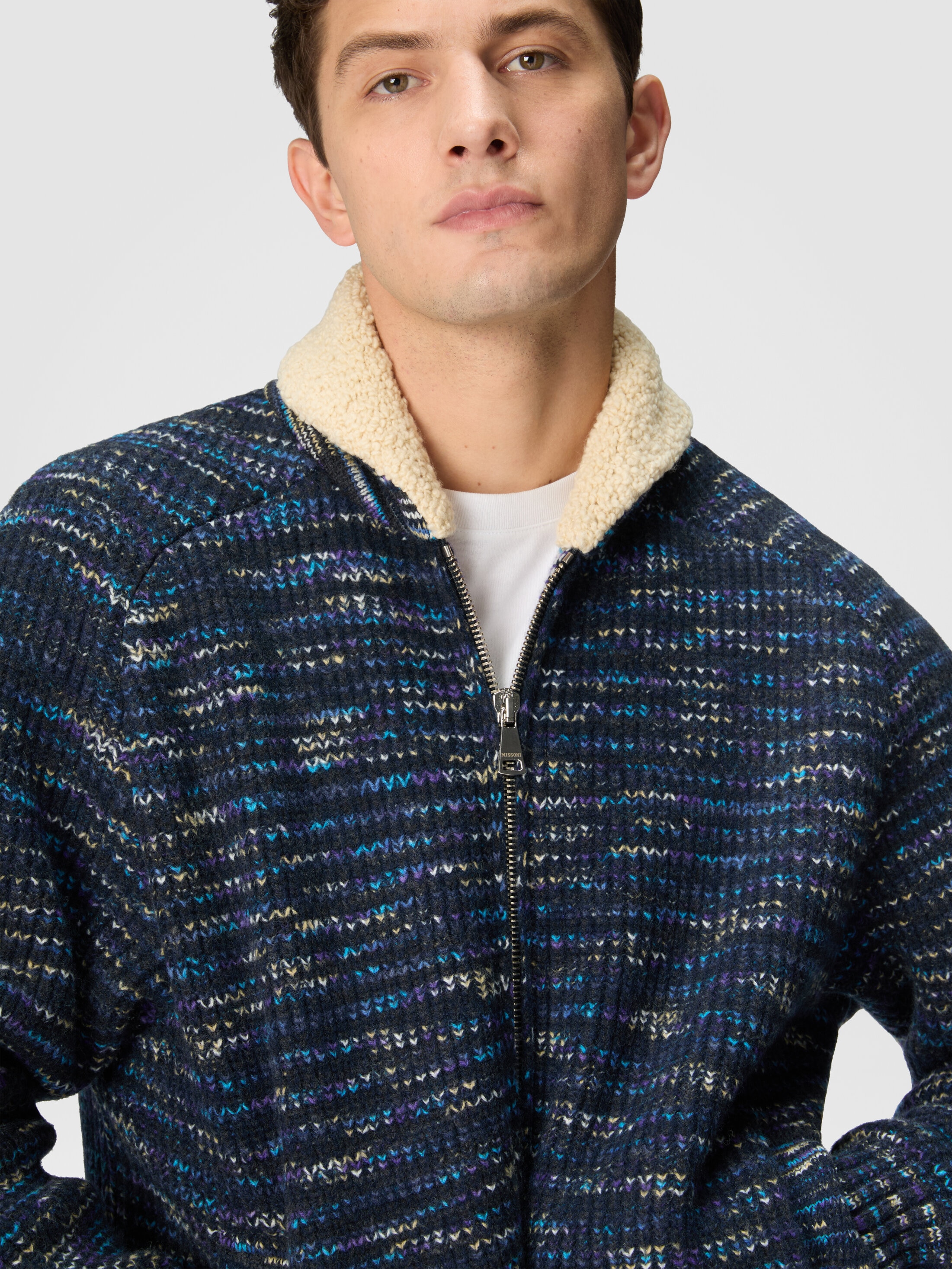 Bomber jacket in slub wool with teddy bear insert Blue | Missoni