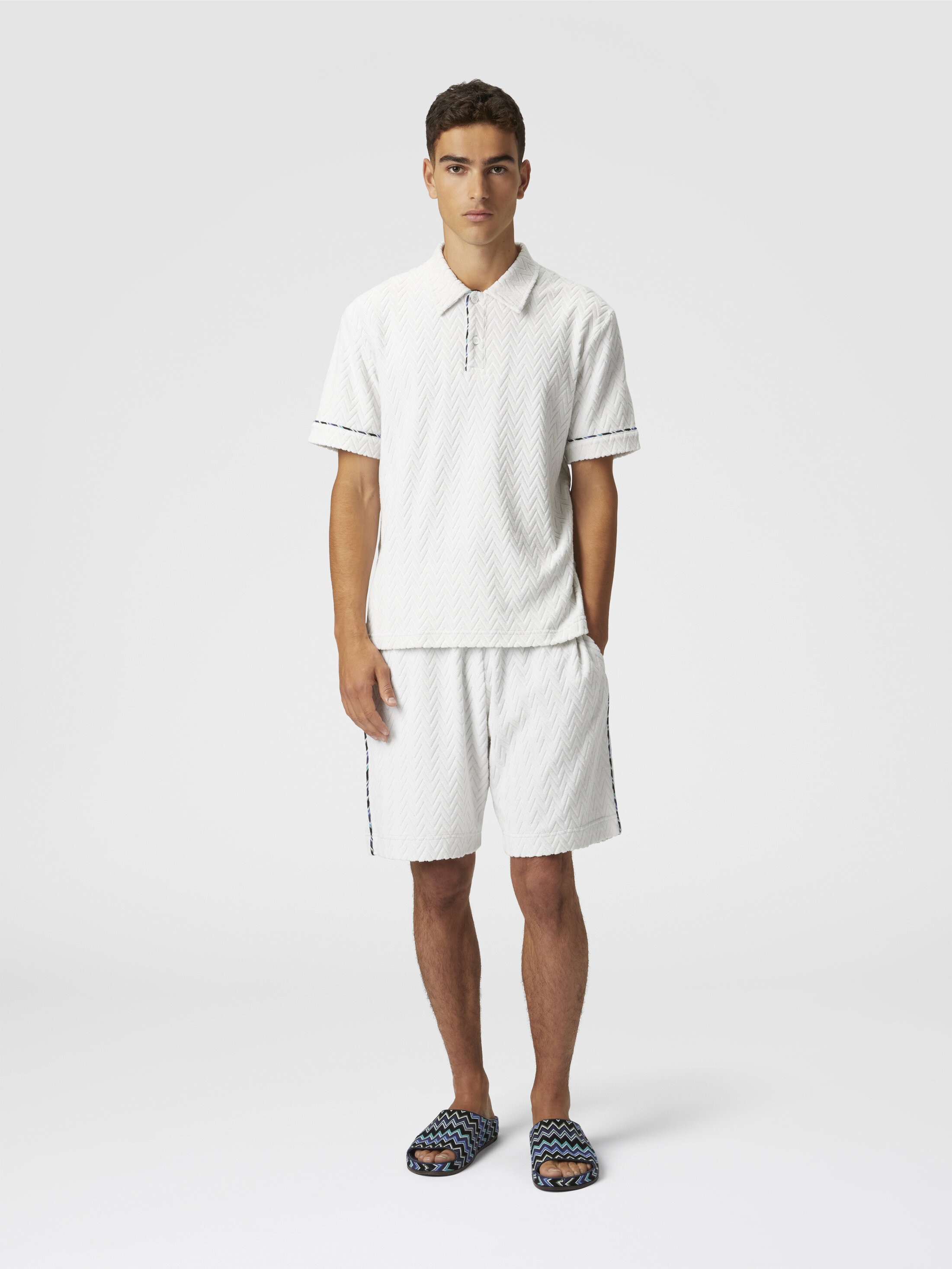 Zig zag cotton terry shorts with contrasting piping White