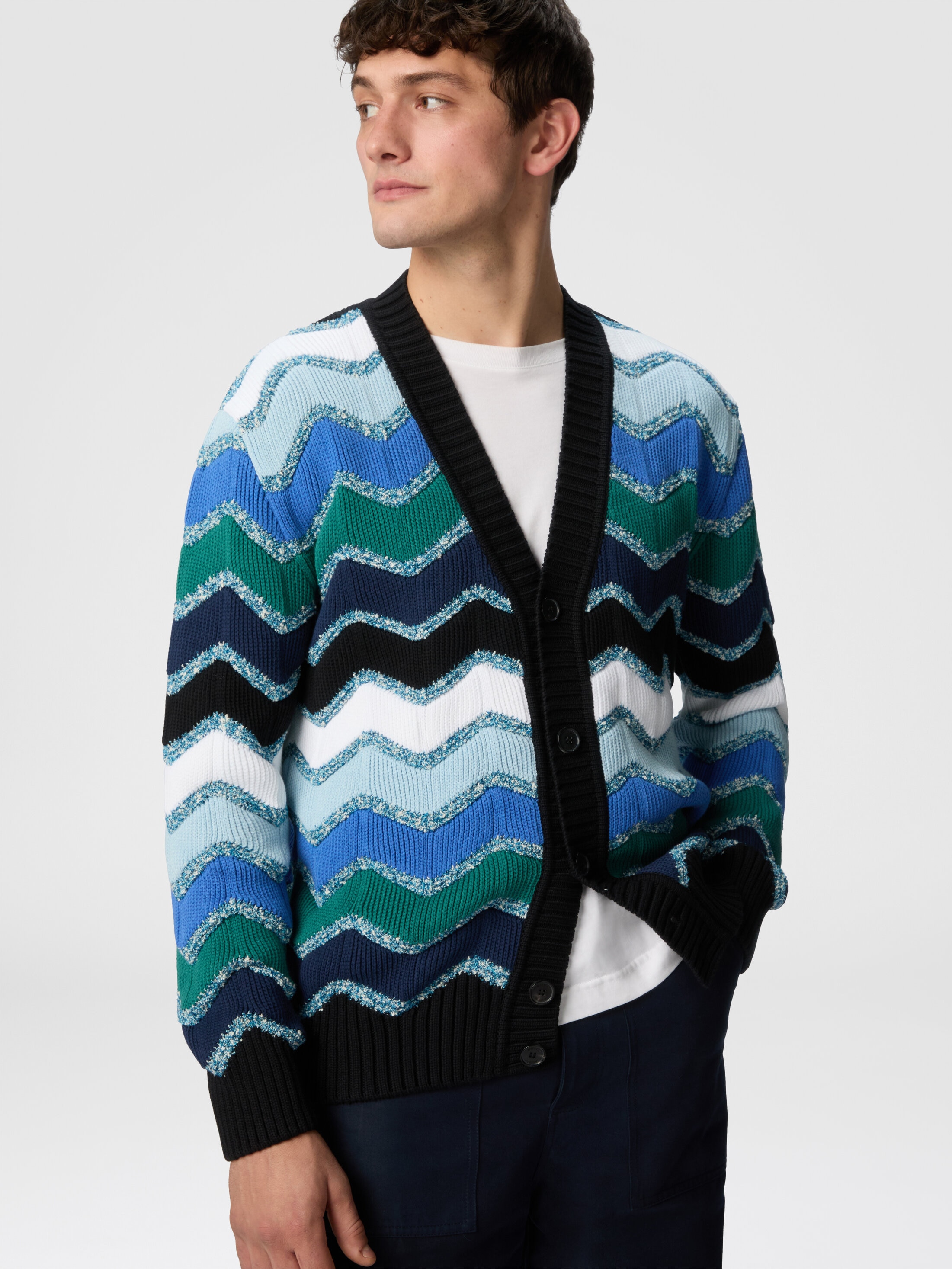 トップス AMERI HERRINGBONE JACQUARD KNIT CARDIGAN Ameri（アメリ）の「UND HERRINGBONE JACQUARD KNIT CARDIGAN