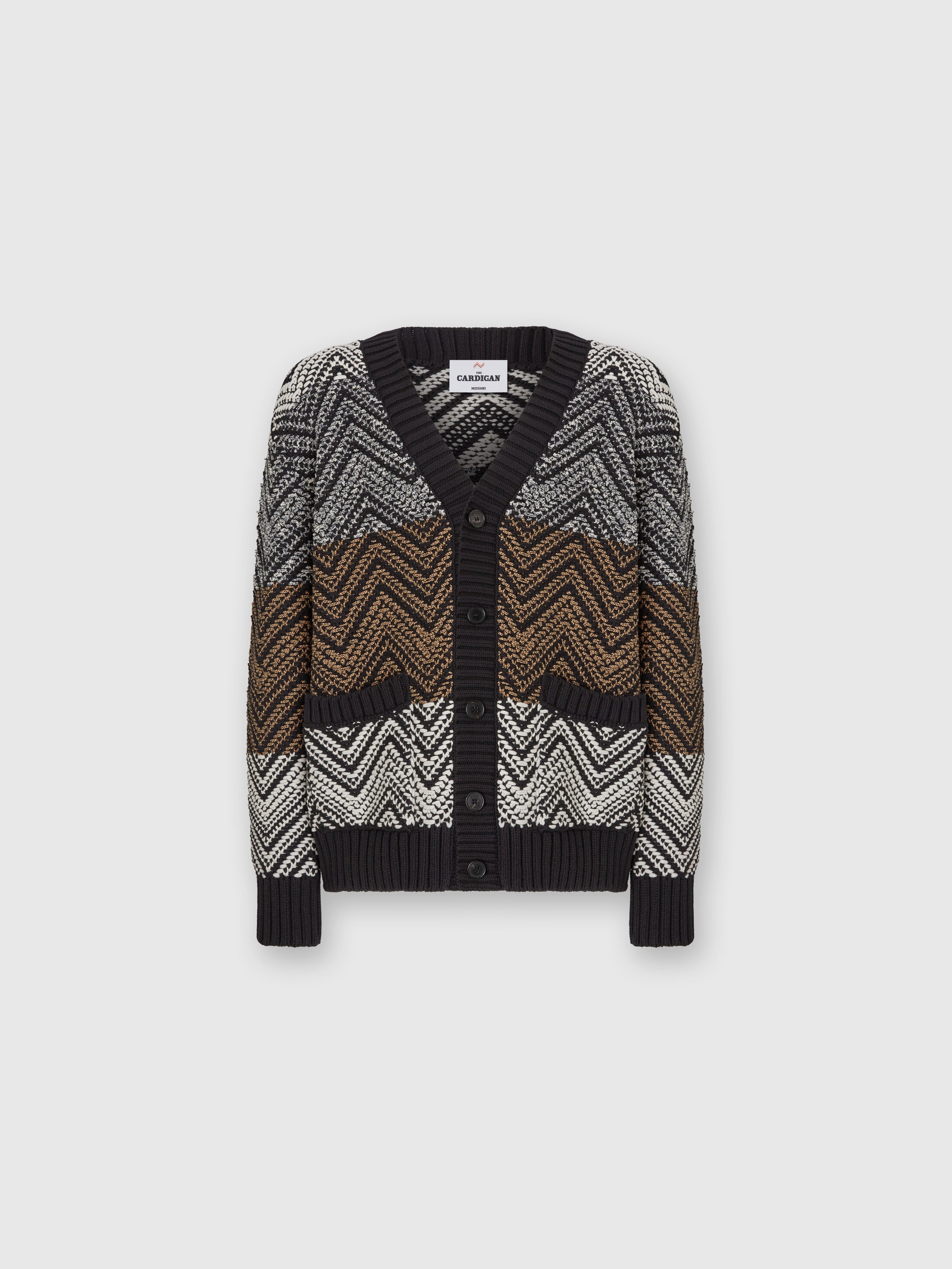 Missoni Crochet Knit Cardigan With Macro Zigzag And Pockets In Black