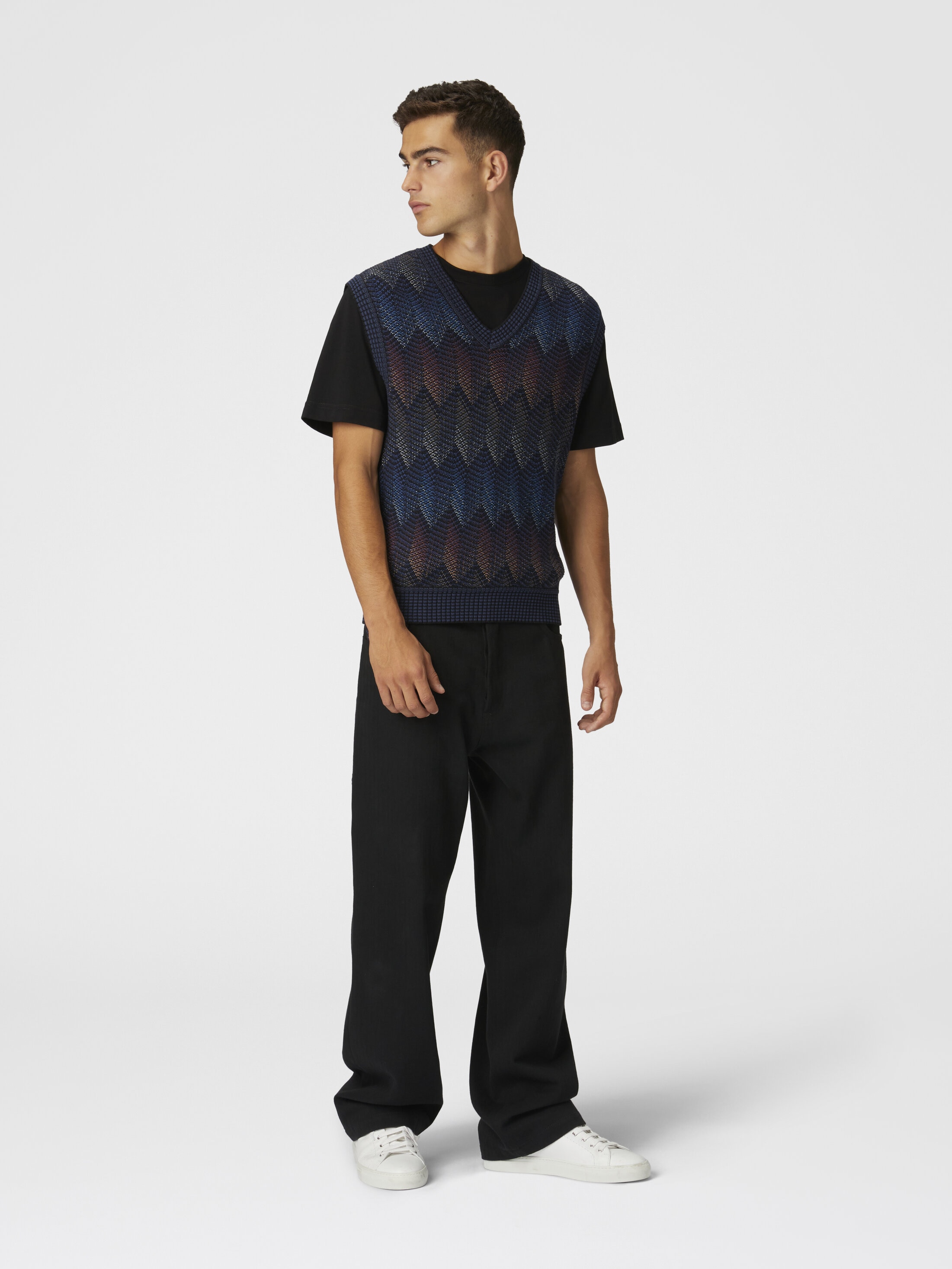 Gradient cotton chevron blend vest with V-neck Blue | Missoni