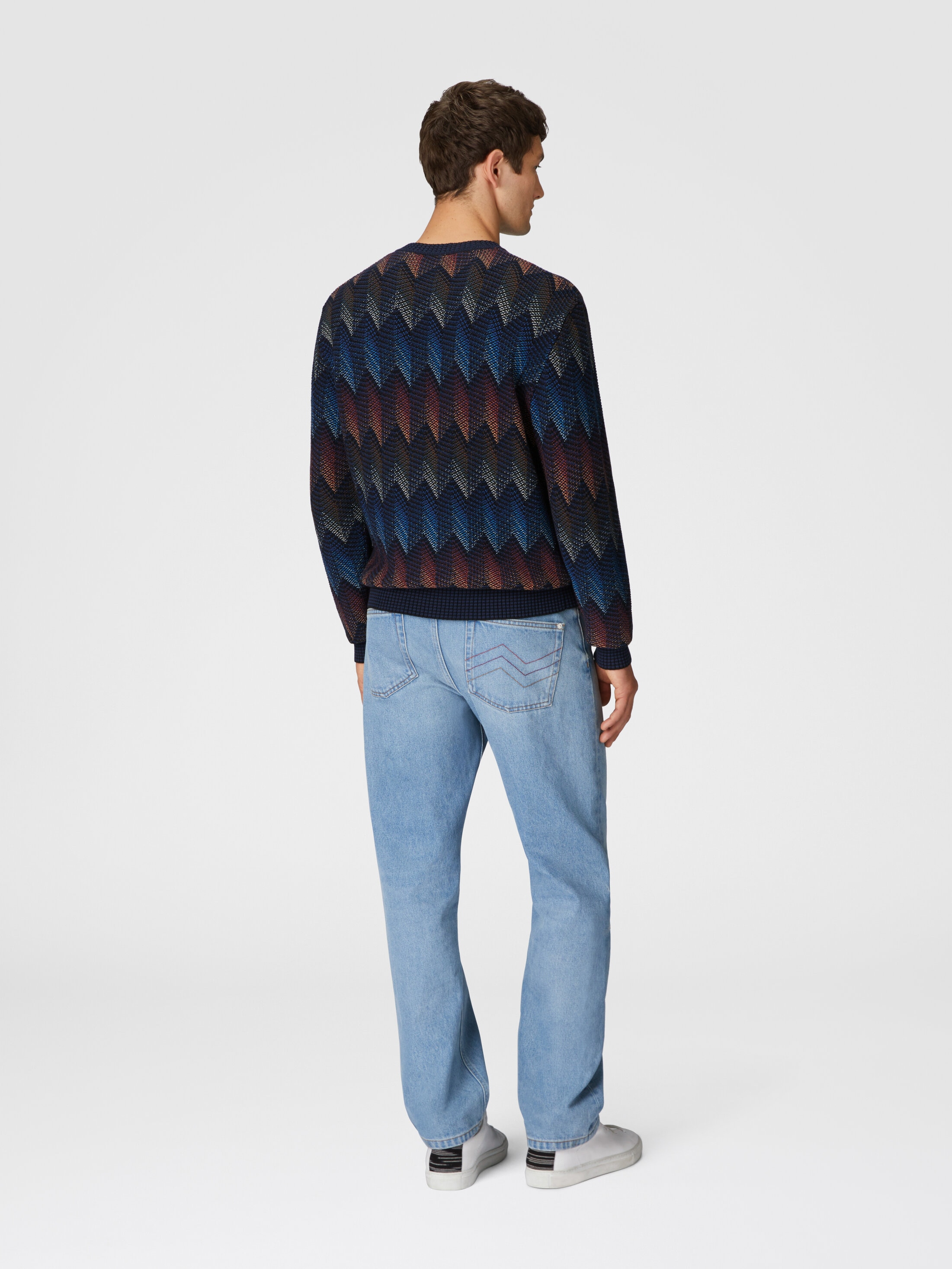 MISSONI グレーベース 多色模様 長袖ニットセーター Crew Neck Sweater with Zigzag Pattern Grey & Beige | Missoni